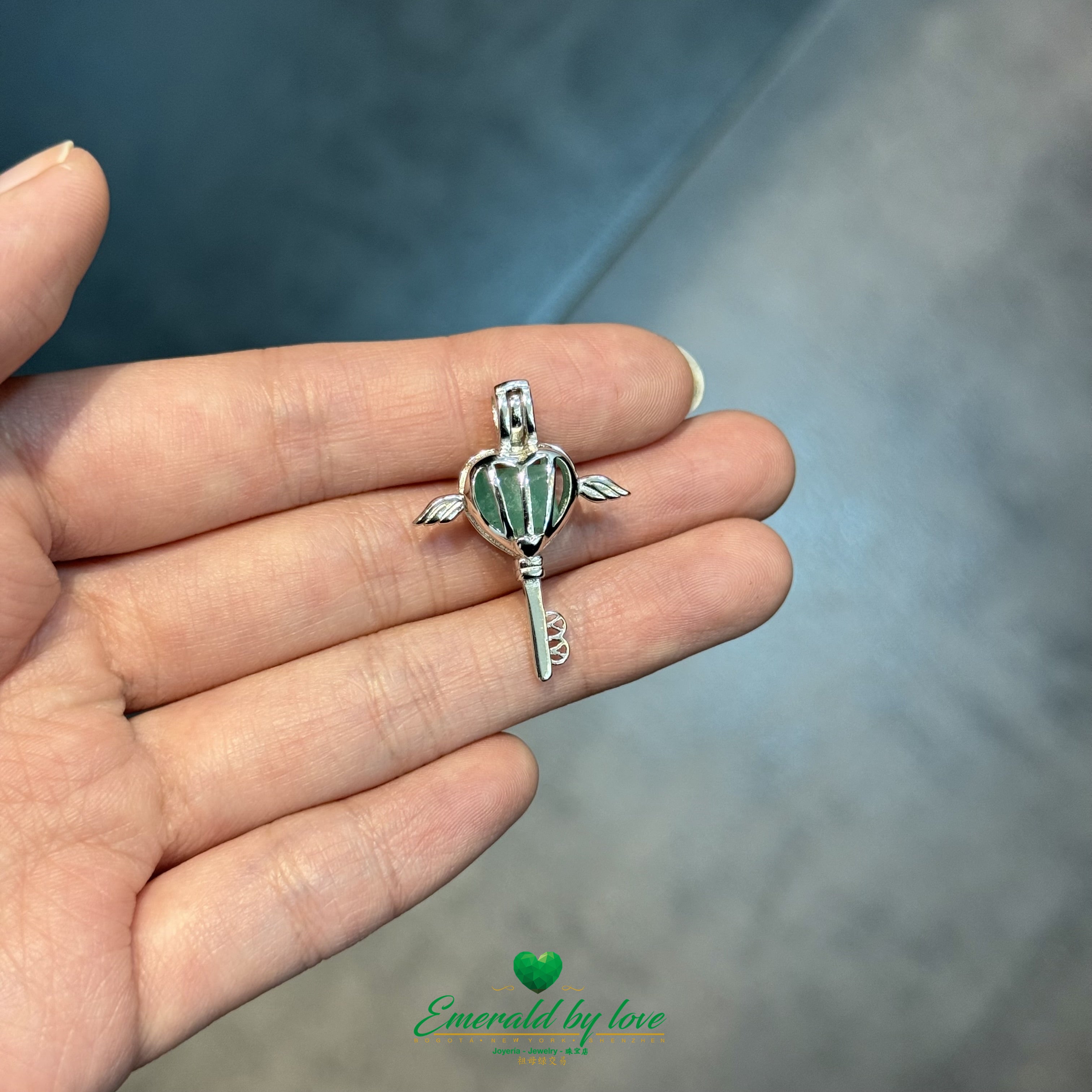 925 Silver Key Pendant with Heart Design and Rough Emerald Center