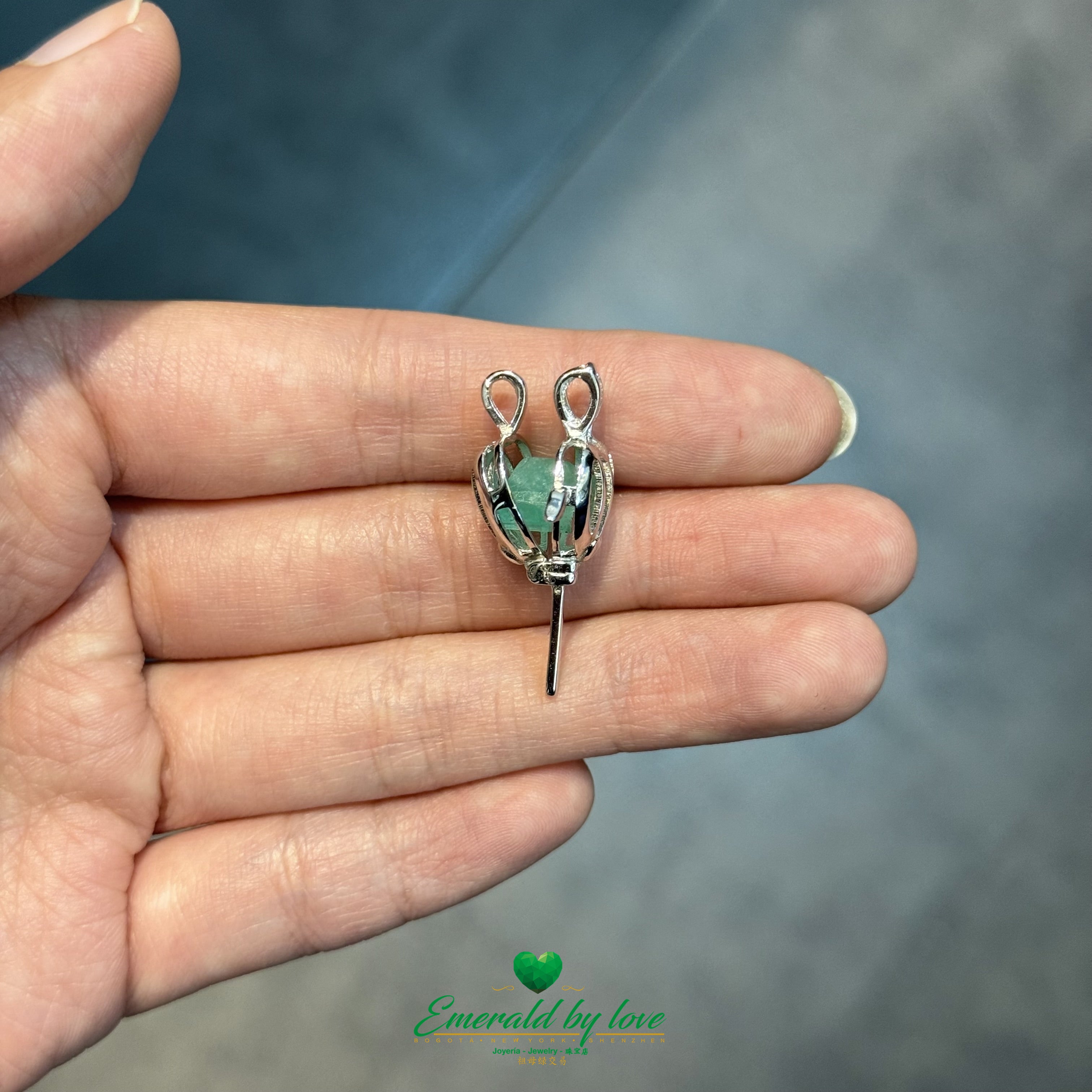 925 Silver Key Pendant with Heart Design and Rough Emerald Center
