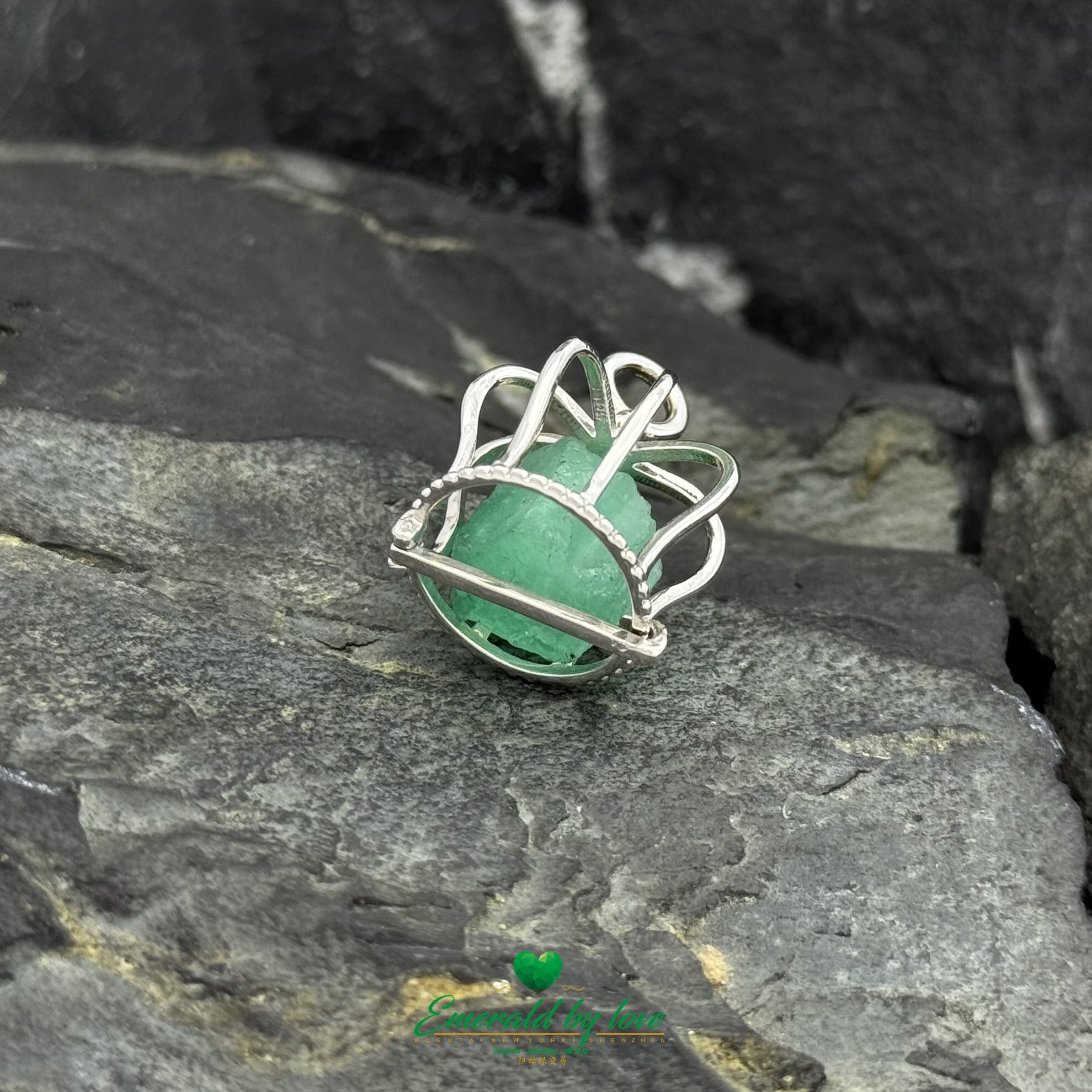 925 Silver Canary Cage Pendant with Rough Emerald Inside