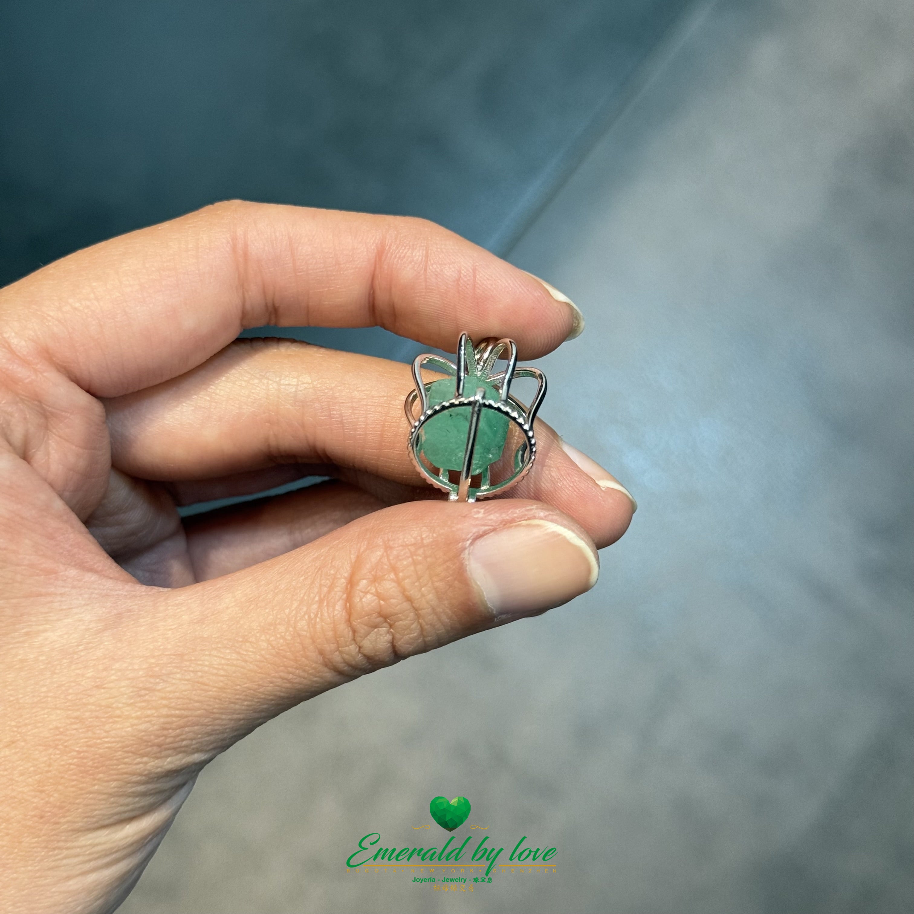925 Silver Canary Cage Pendant with Rough Emerald Inside