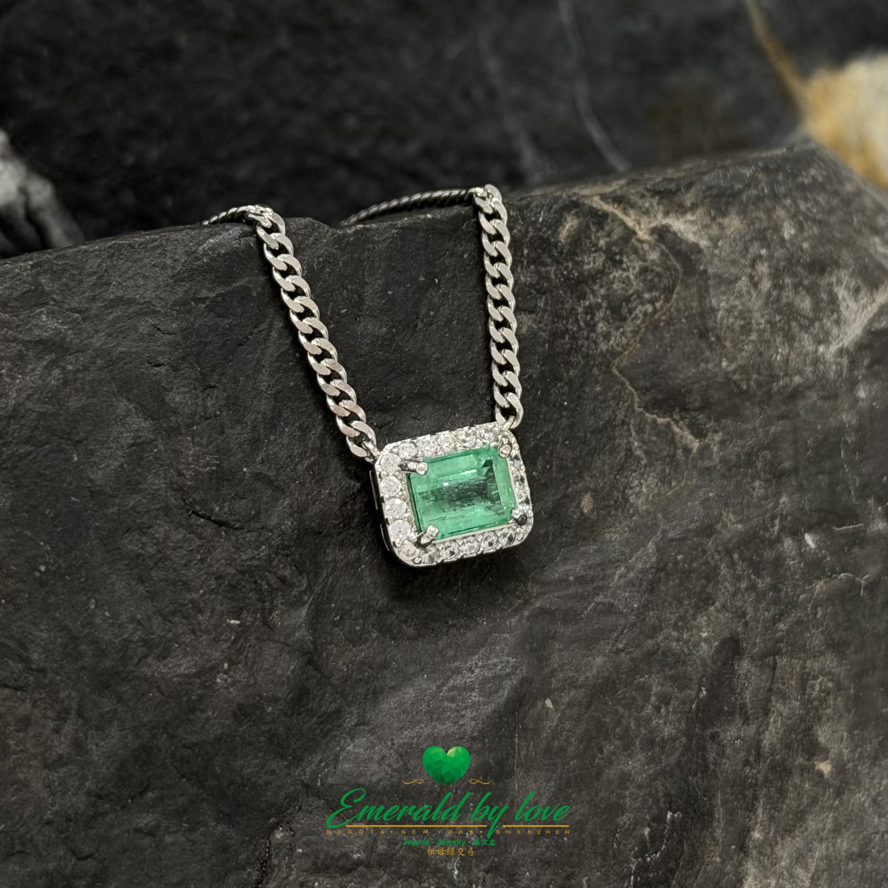 Unisex Baguette Emerald Pendant in Sterling Silver with White Zircon and Thick Chain