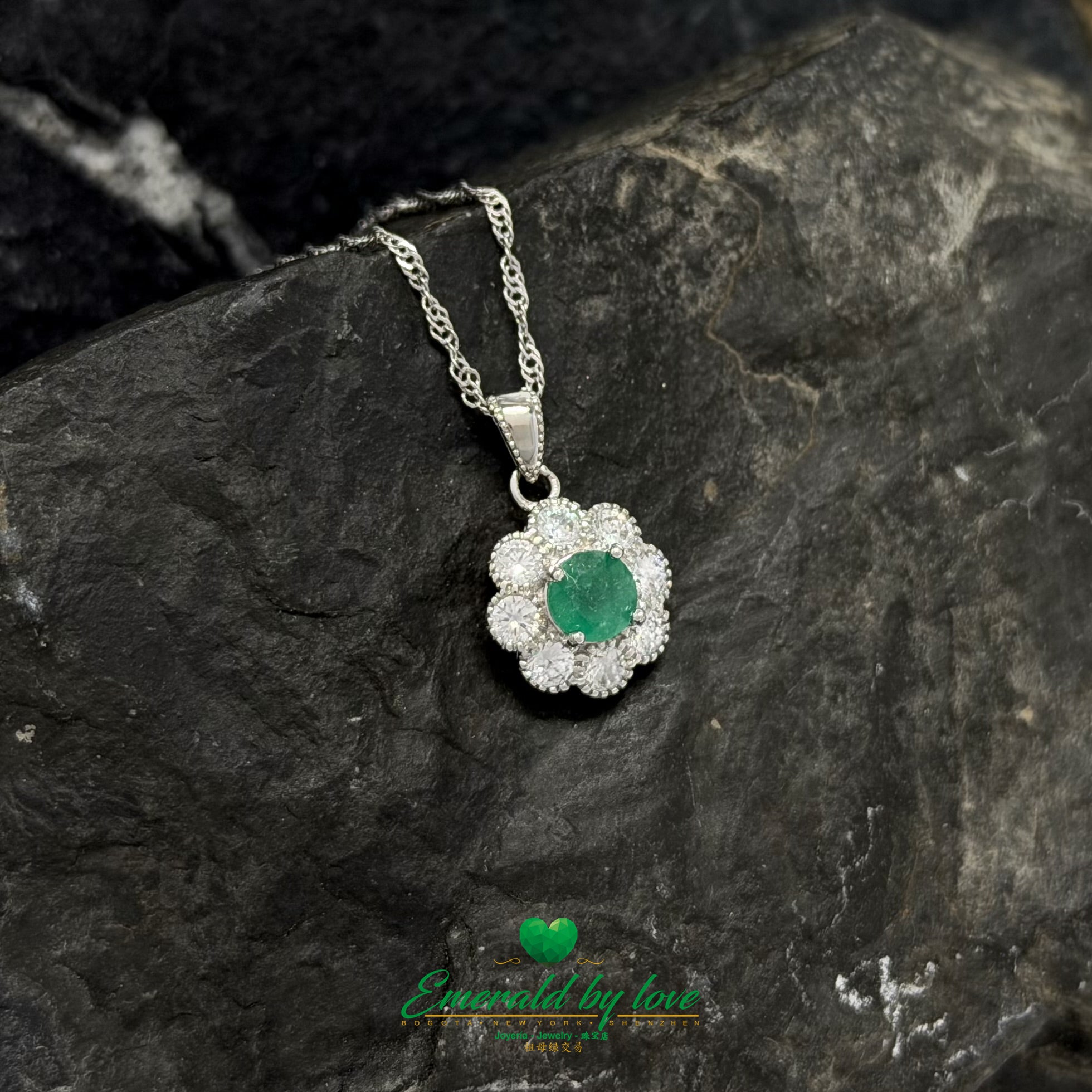 Floral Pendant with Round Emerald in Sterling Silver