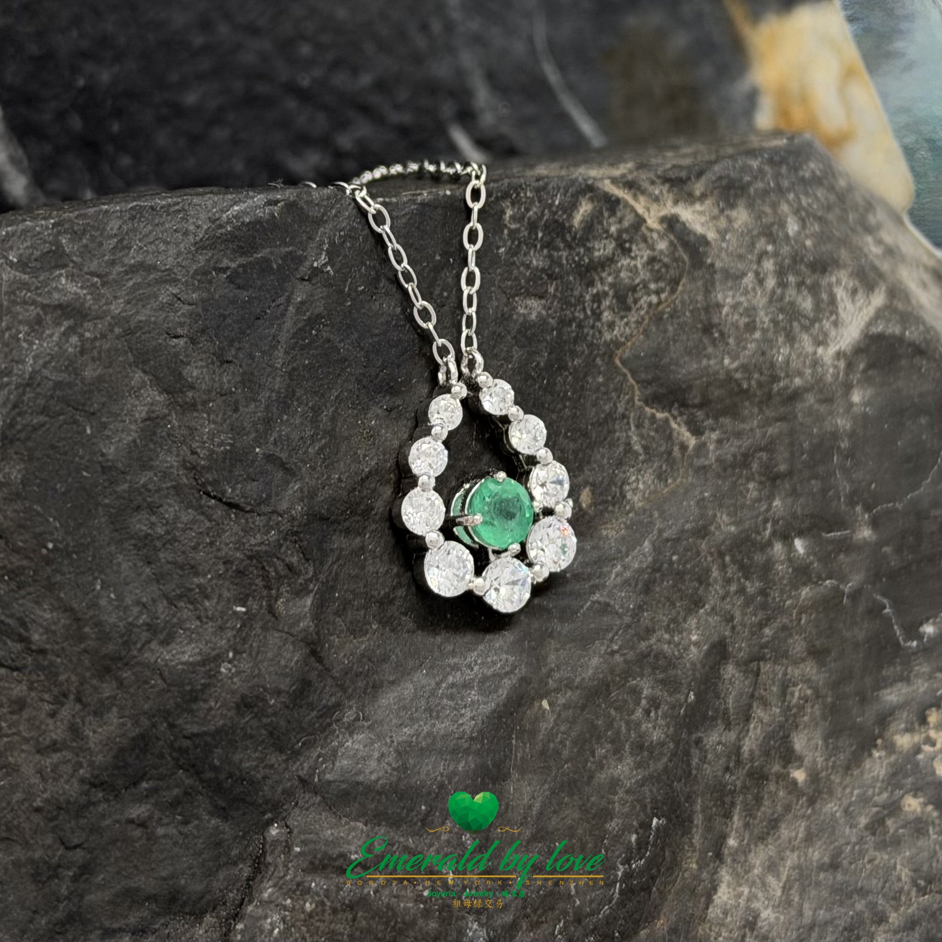 Teardrop Pendant in Sterling Silver with Round Emerald and White Zircon