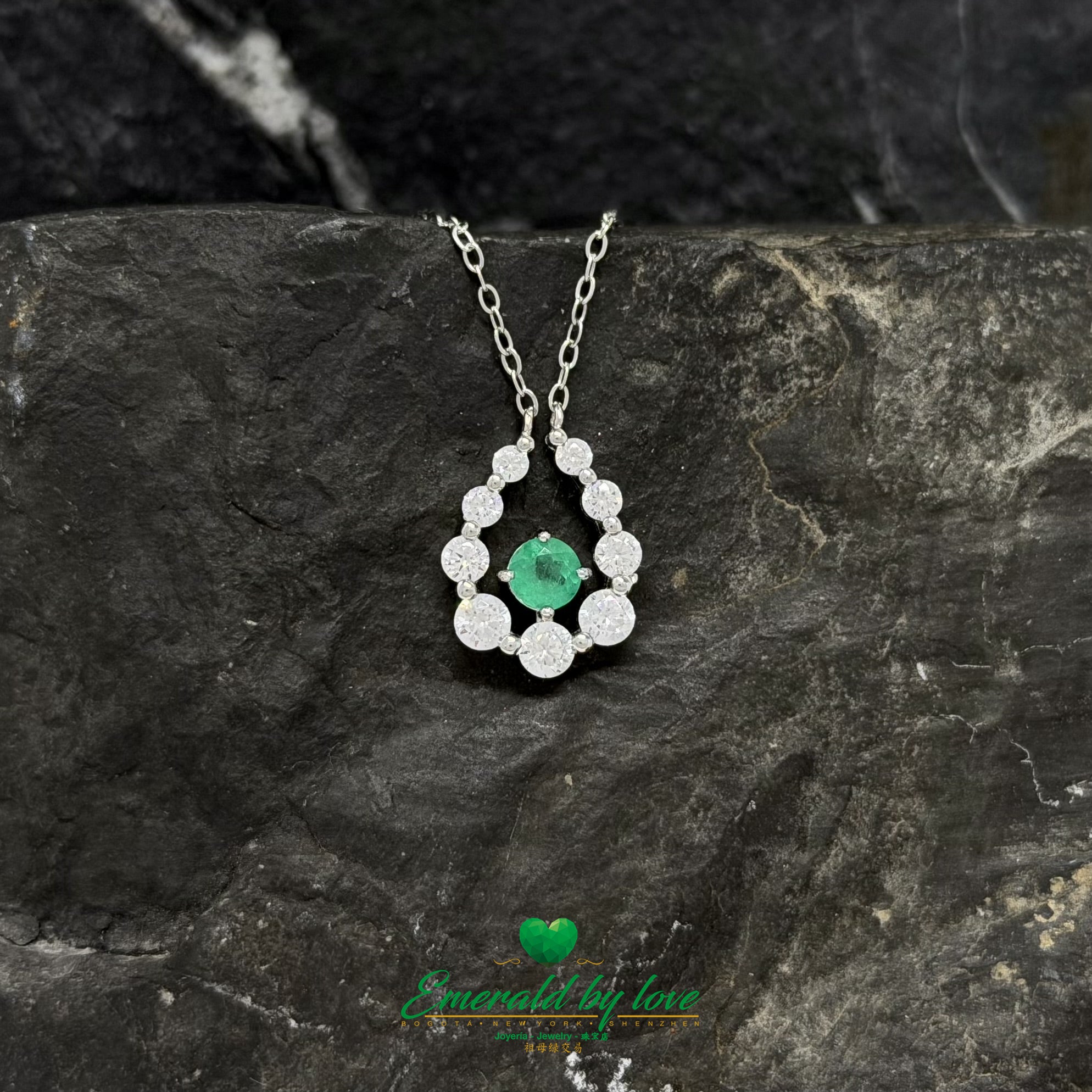 Teardrop Pendant in Sterling Silver with Round Emerald and White Zircon
