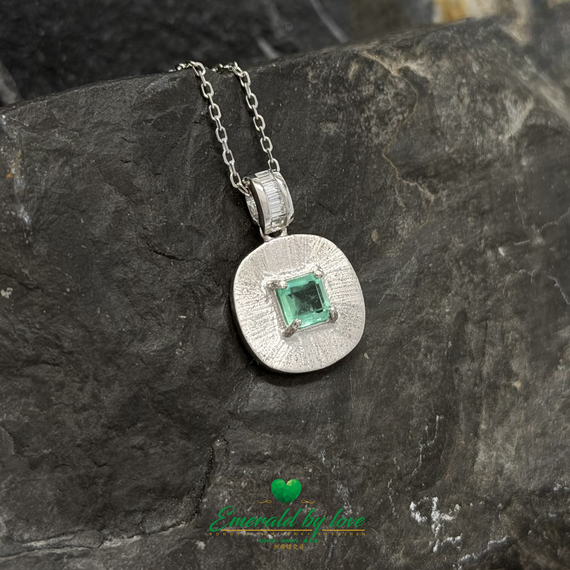 Rounded Flat Pendant in Sterling Silver with Square Crystal Emerald Prong Set