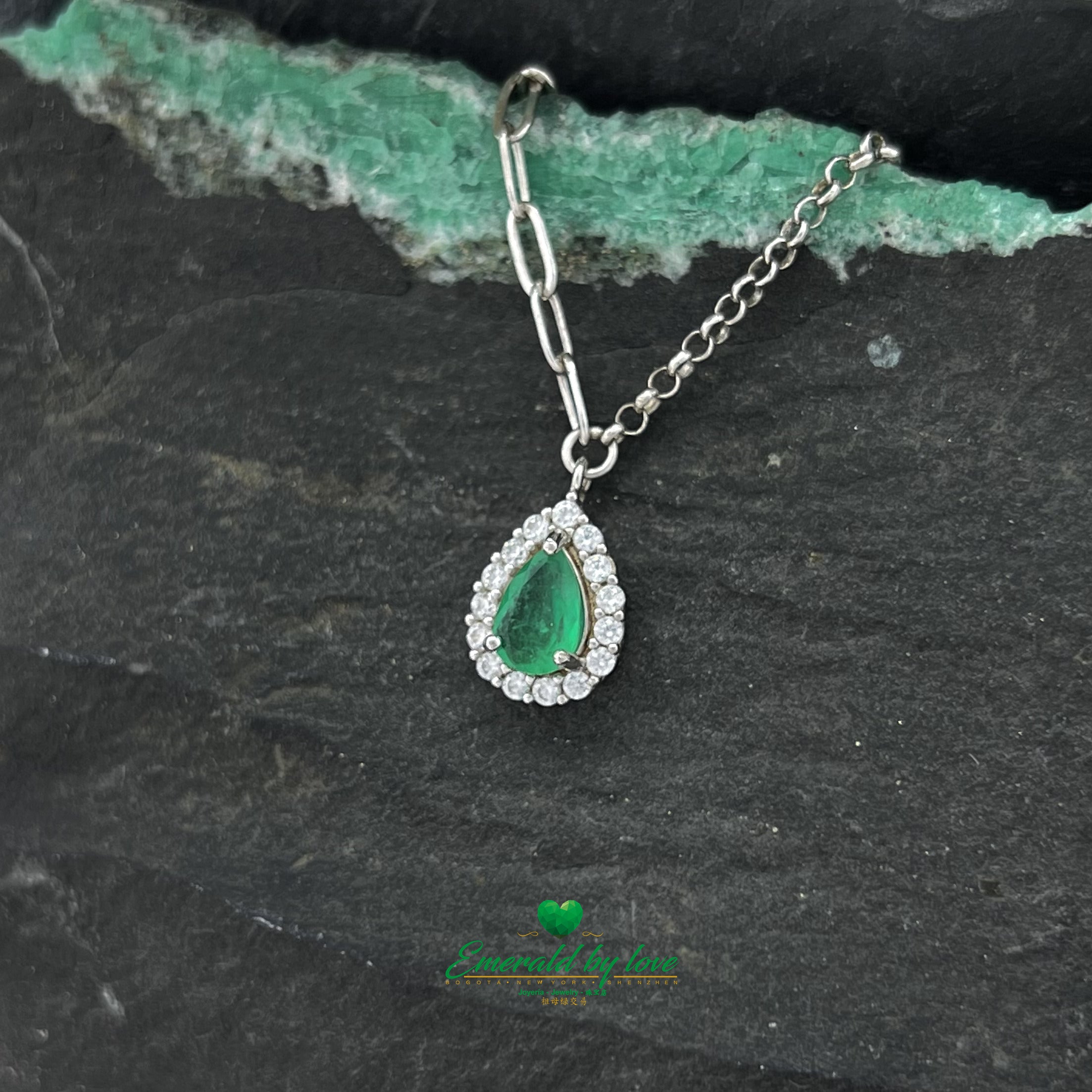Pear-Shaped Marquise Emerald Pendant with Surrounding Cubic Zirconia and Double Chain