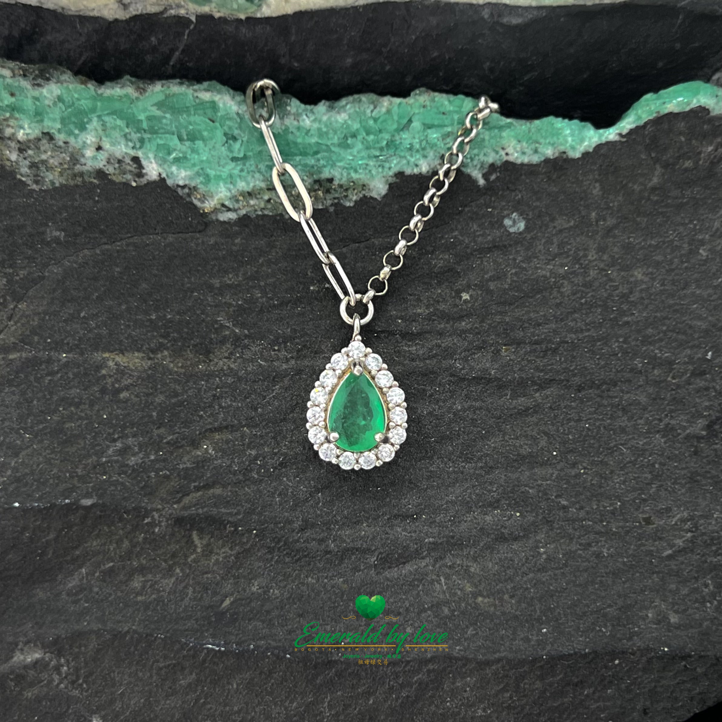 Pear-Shaped Marquise Emerald Pendant with Surrounding Cubic Zirconia and Double Chain