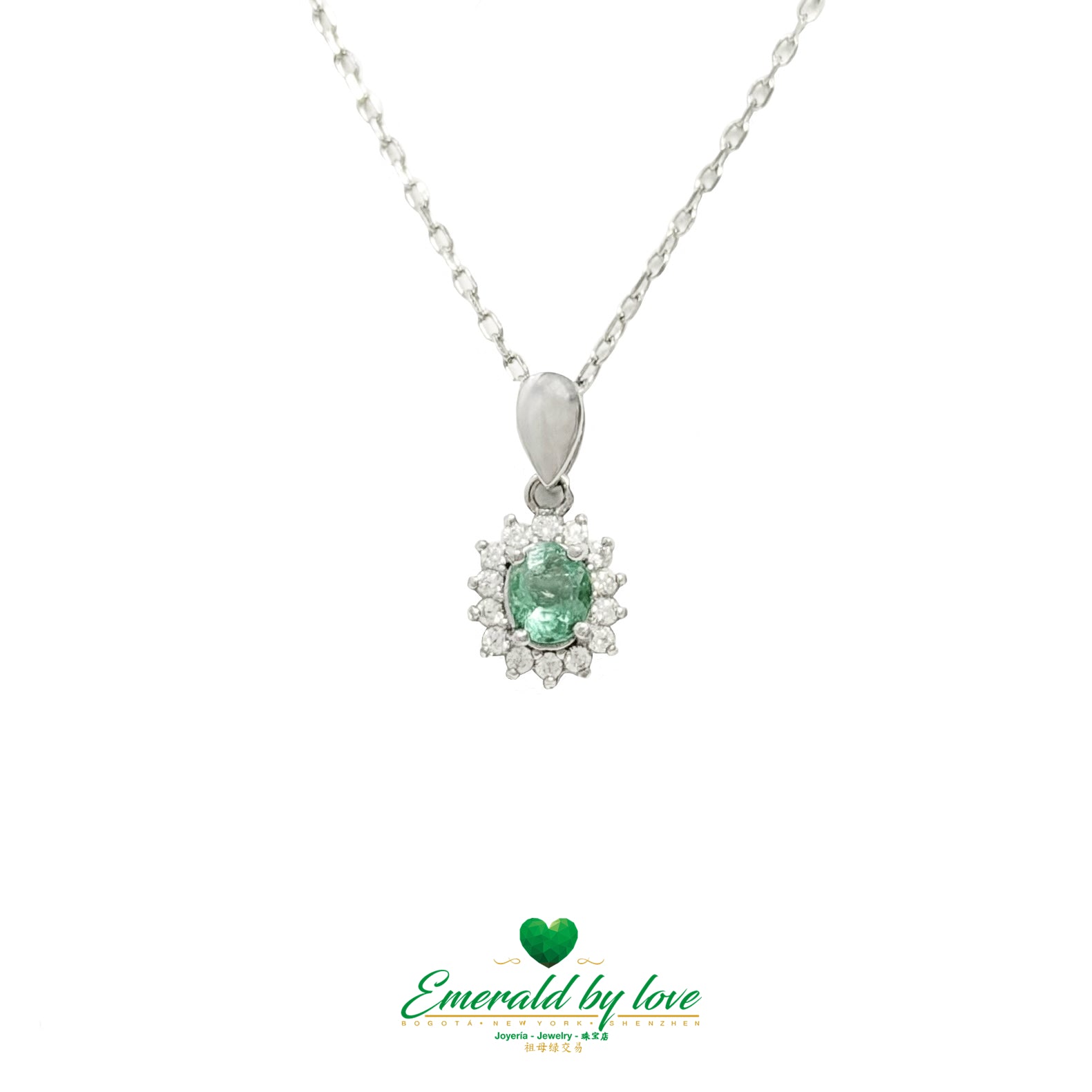 Delicate Marquise Oval Pendant with Crystal Emerald and White Zircon in Sterling Silver