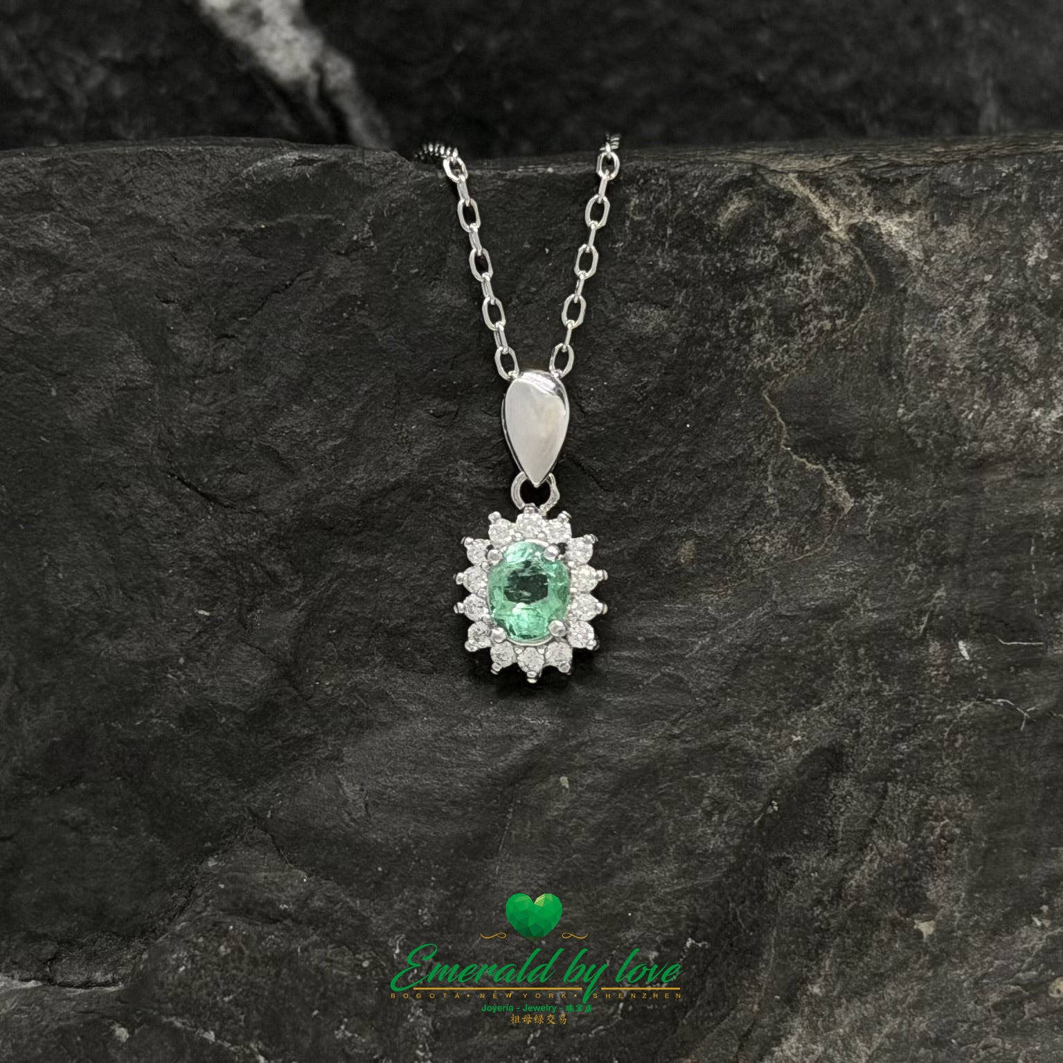 Delicate Marquise Oval Pendant with Crystal Emerald and White Zircon in Sterling Silver