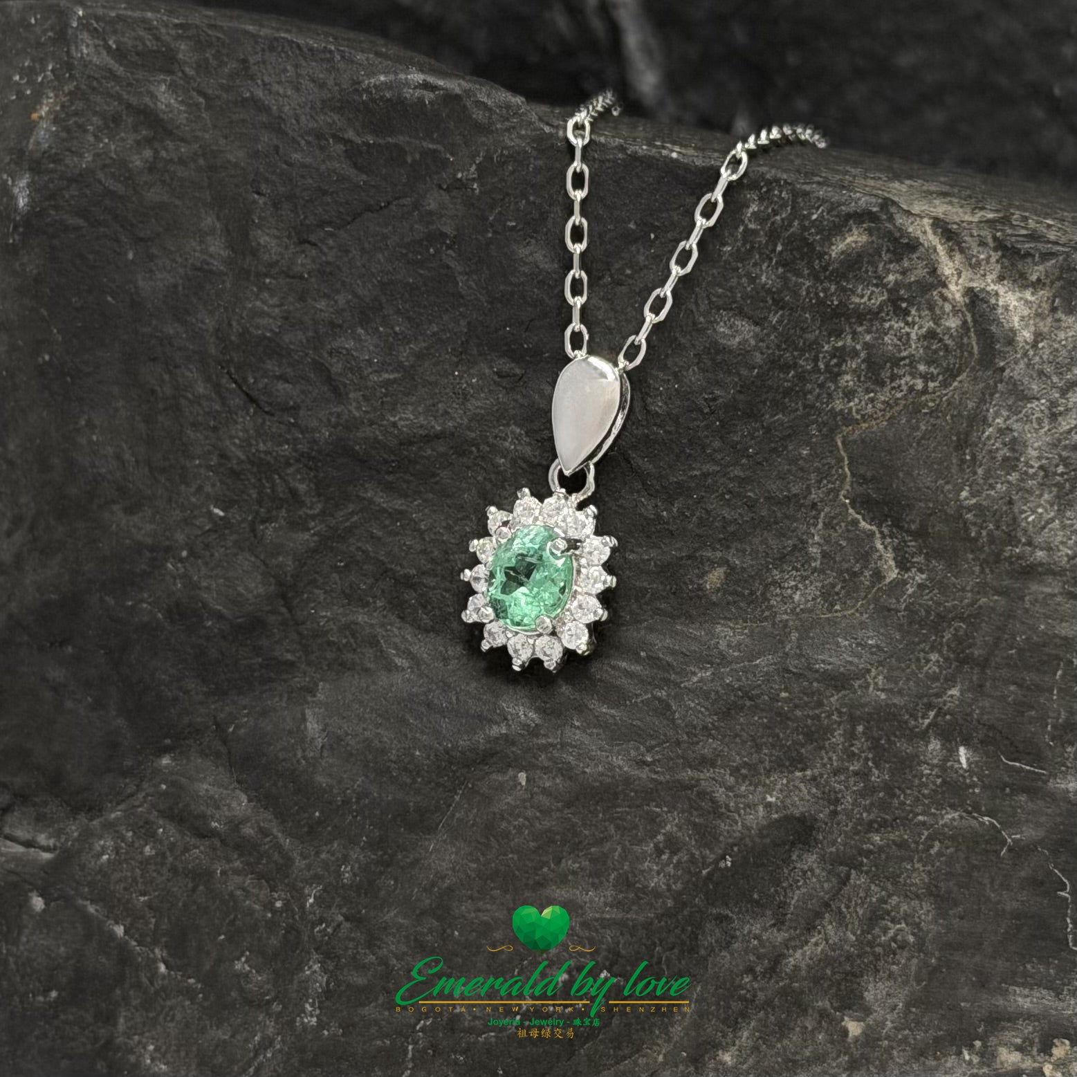 Delicate Marquise Oval Pendant with Crystal Emerald and White Zircon in Sterling Silver