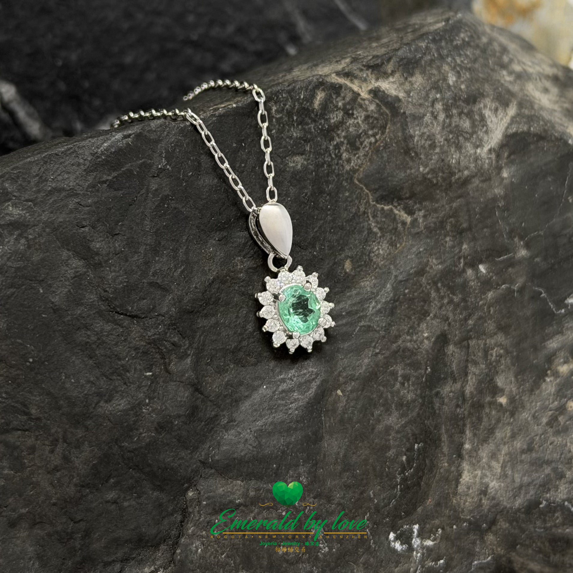 Delicate Marquise Oval Pendant with Crystal Emerald and White Zircon in Sterling Silver