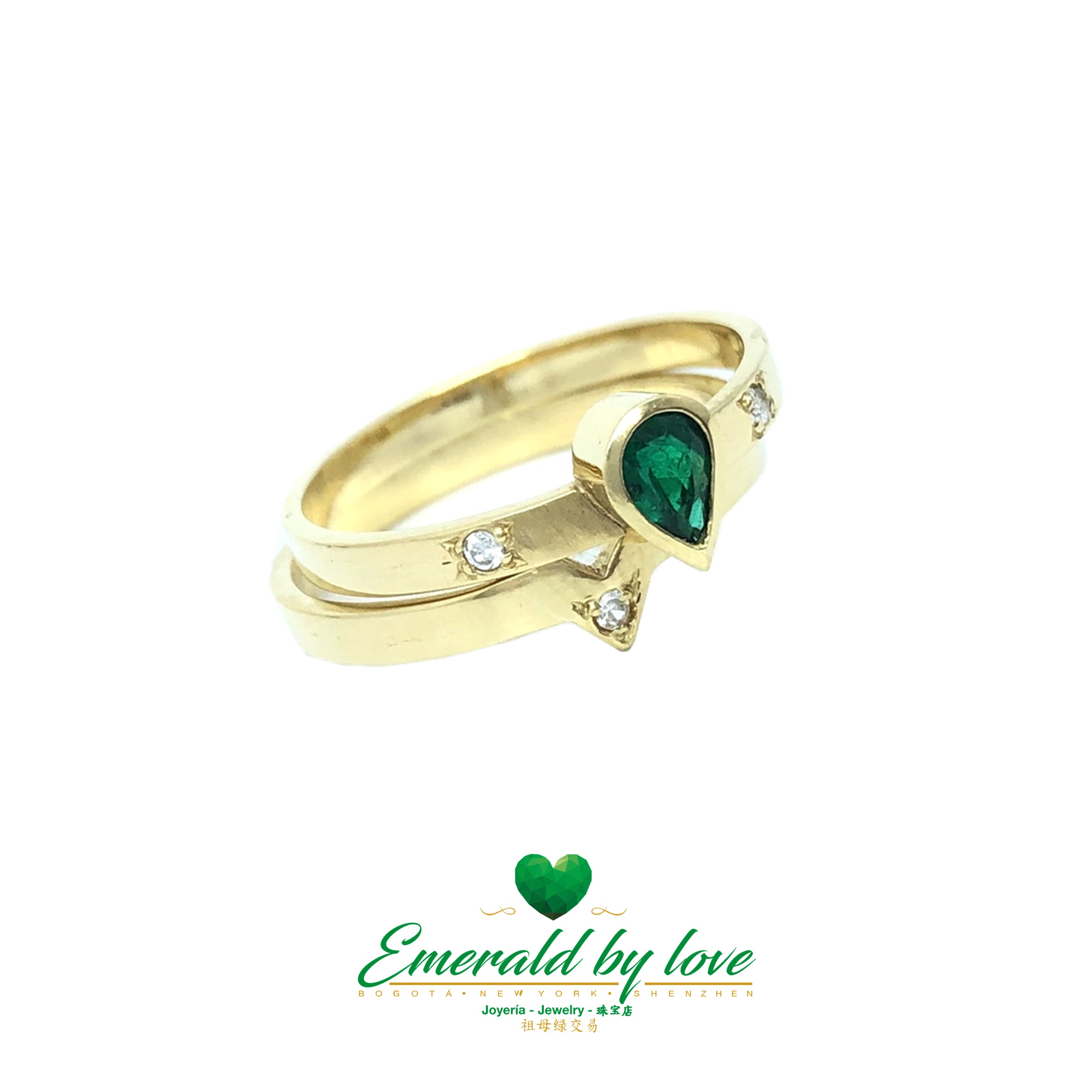 Pear-shaped Colombian emerald in 18k yellow gold ring double band