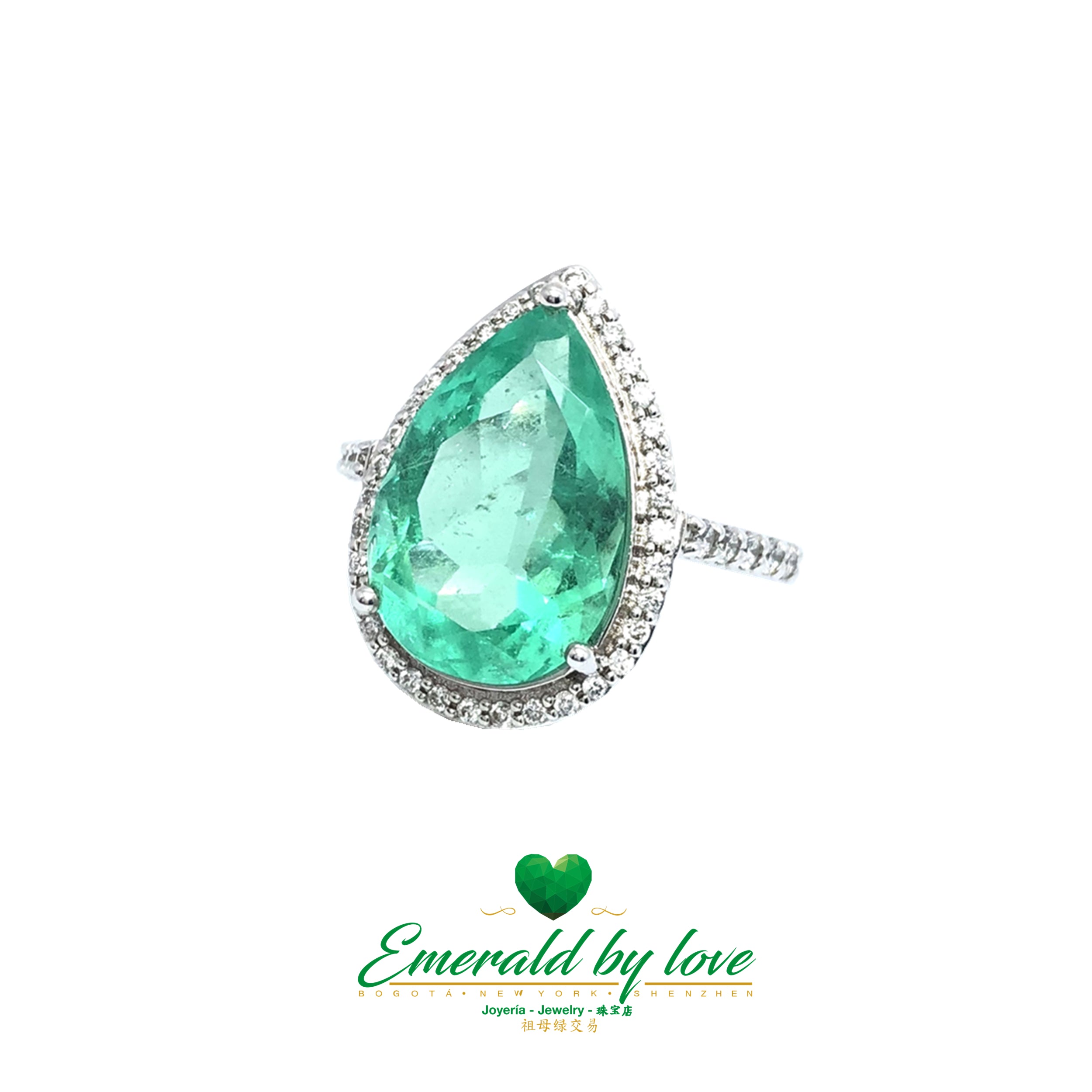 Sparkling Teardrop Halo Colombian Emerald Ring in 18k White Gold