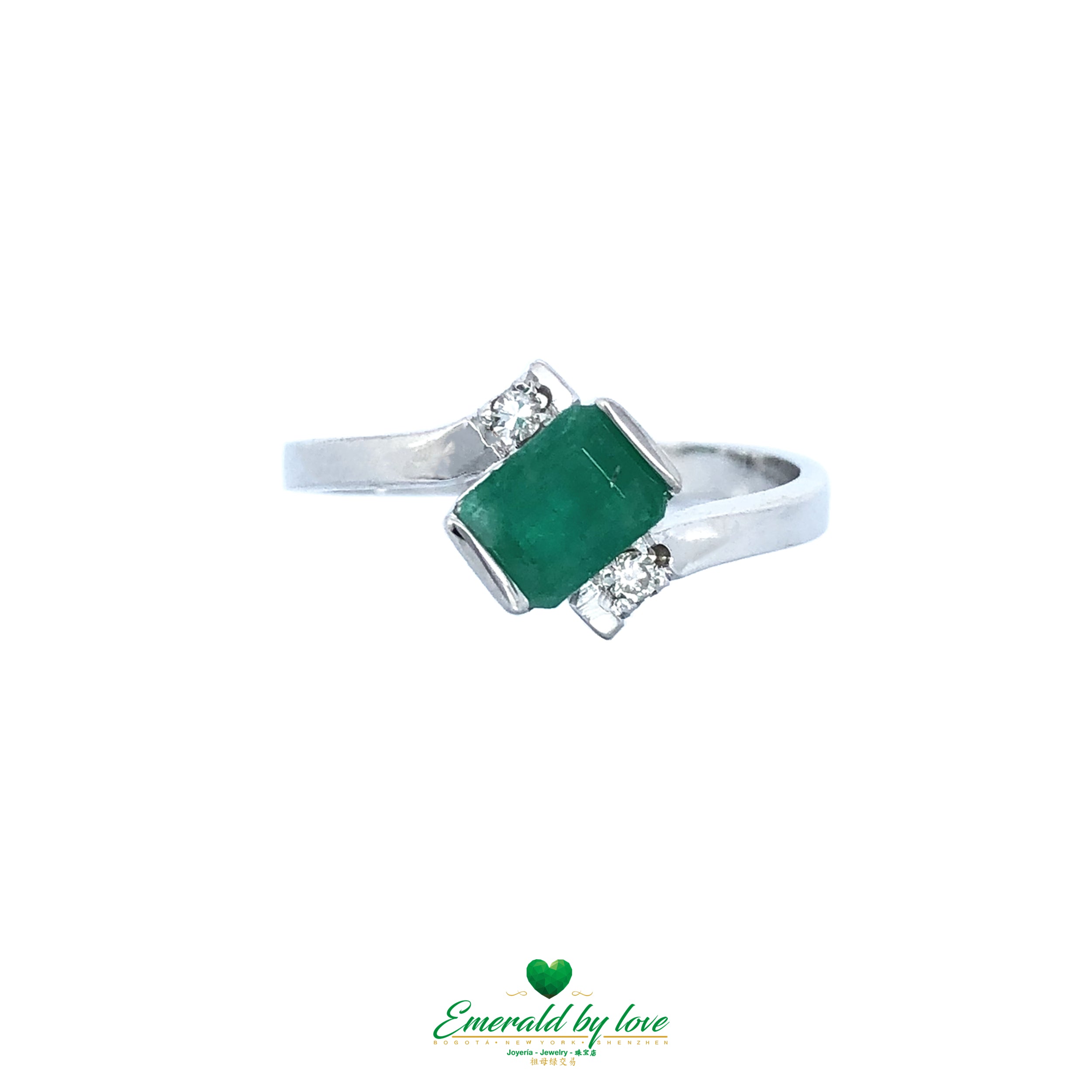 18k White Gold Ring With White Diamonds And Real Colombian Emerald