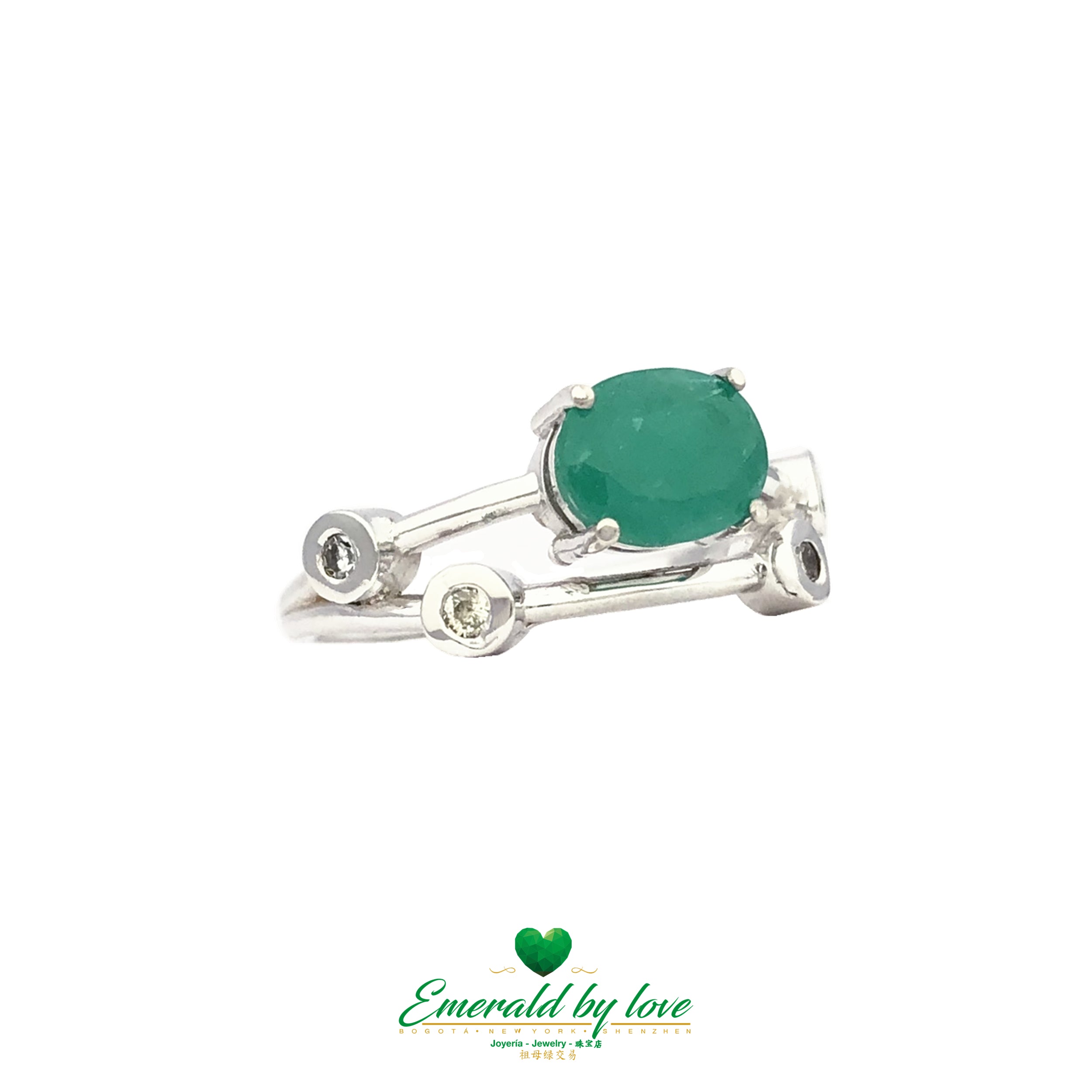 Anillo con Esmeralda Colombiana Natural en Oro Blanco de 18k
