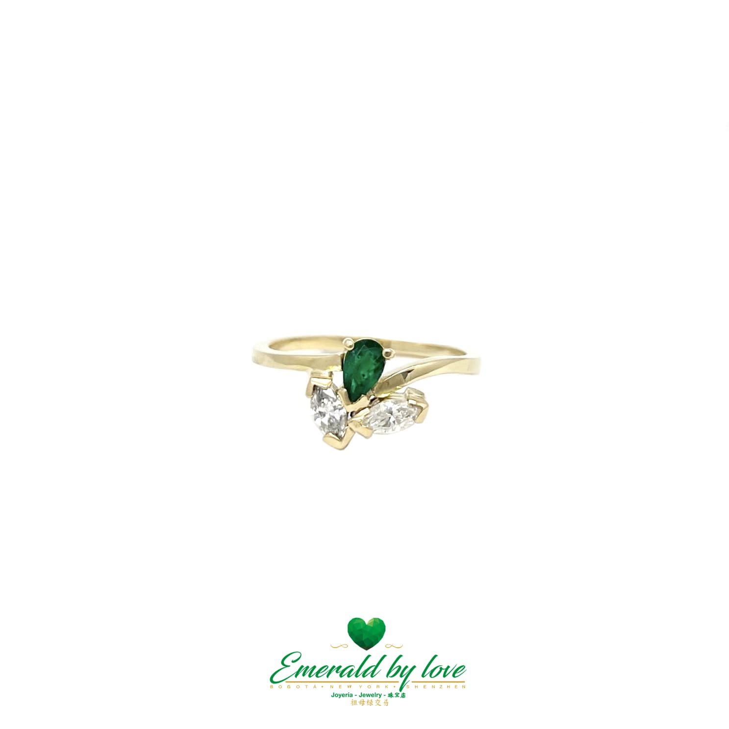 Colombian Emerald Teardrop Ring with Two Marquise Diamonds