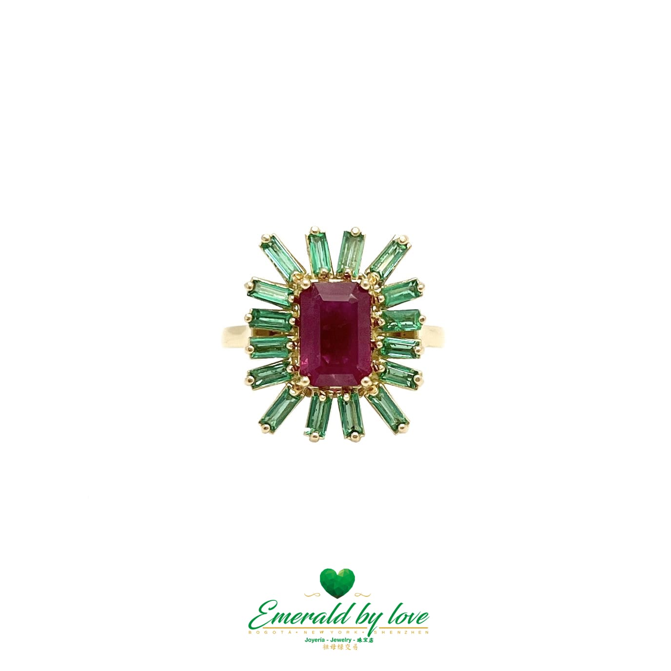 Yellow Gold Emerald-Cut Ruby Ring with Baguette Emerald Accents