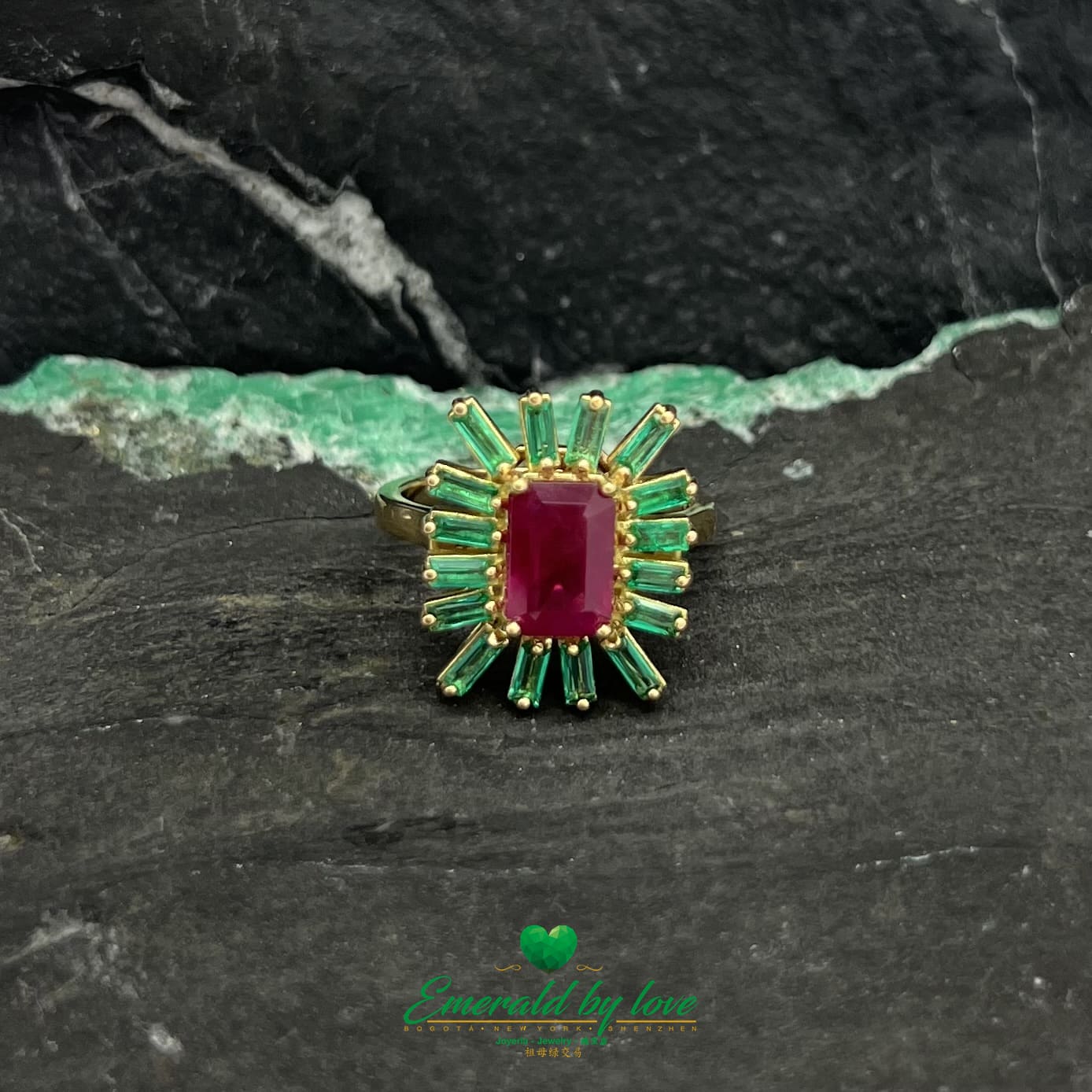 Yellow Gold Emerald-Cut Ruby Ring with Baguette Emerald Accents