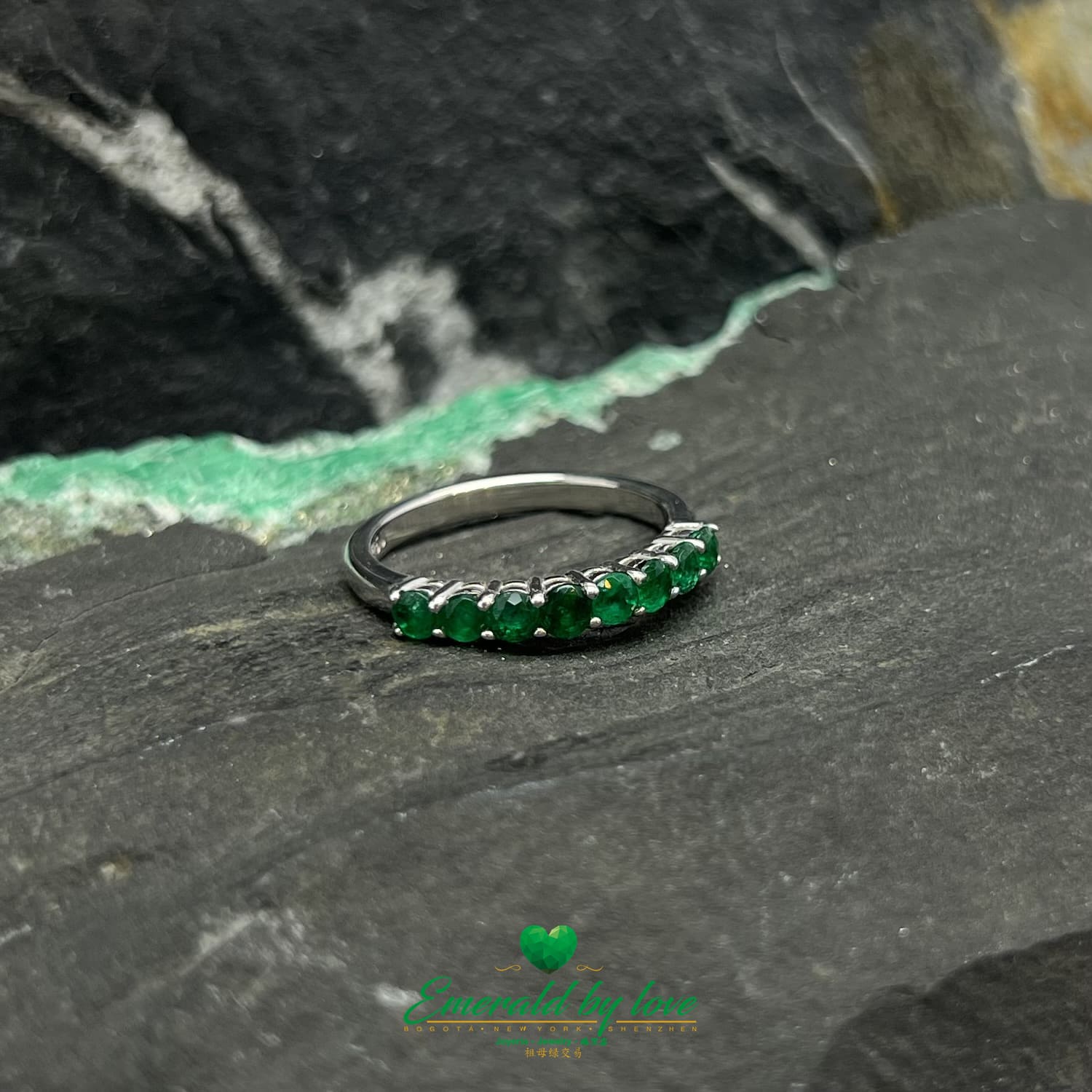 Round Emerald Band in White Gold