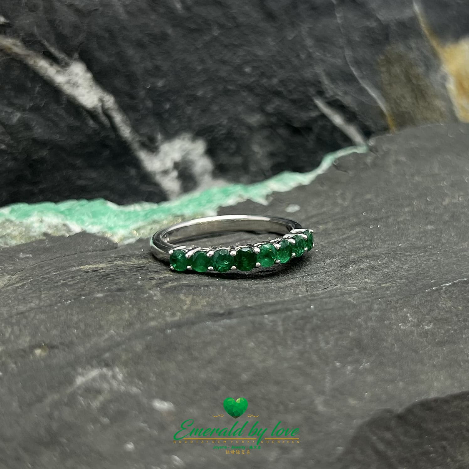 Round Emerald Band in White Gold