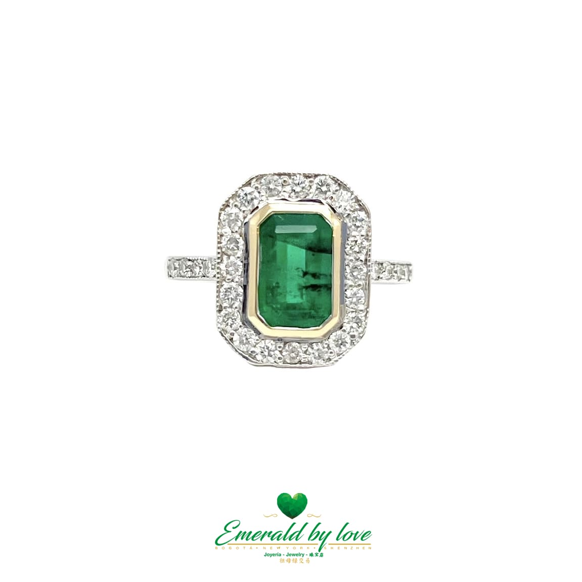 Rectangular Emerald Bezel Set Ring with Diamond Halo in White Gold