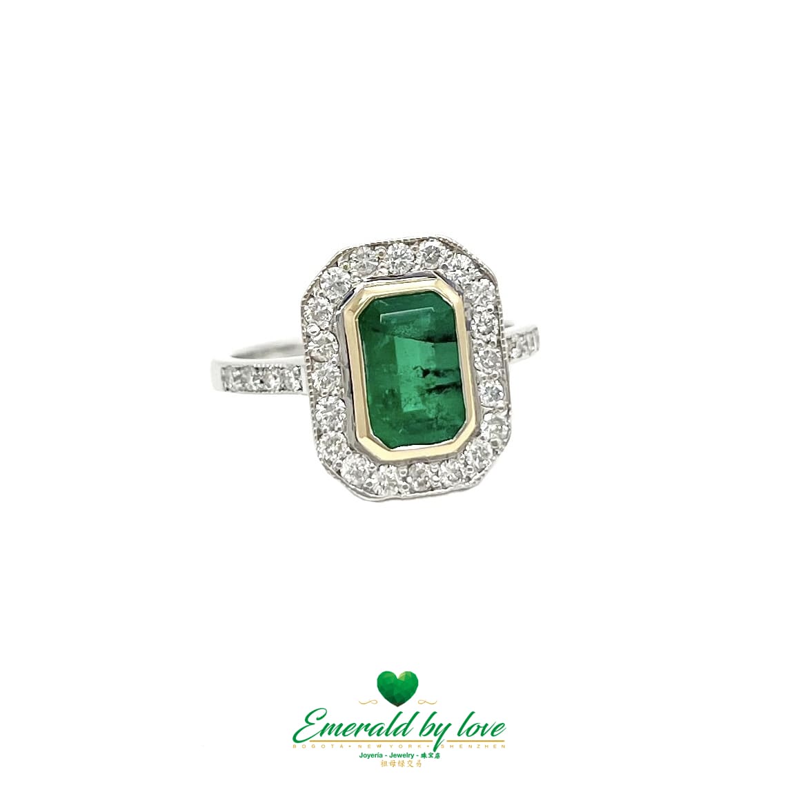 Rectangular Emerald Bezel Set Ring with Diamond Halo in White Gold