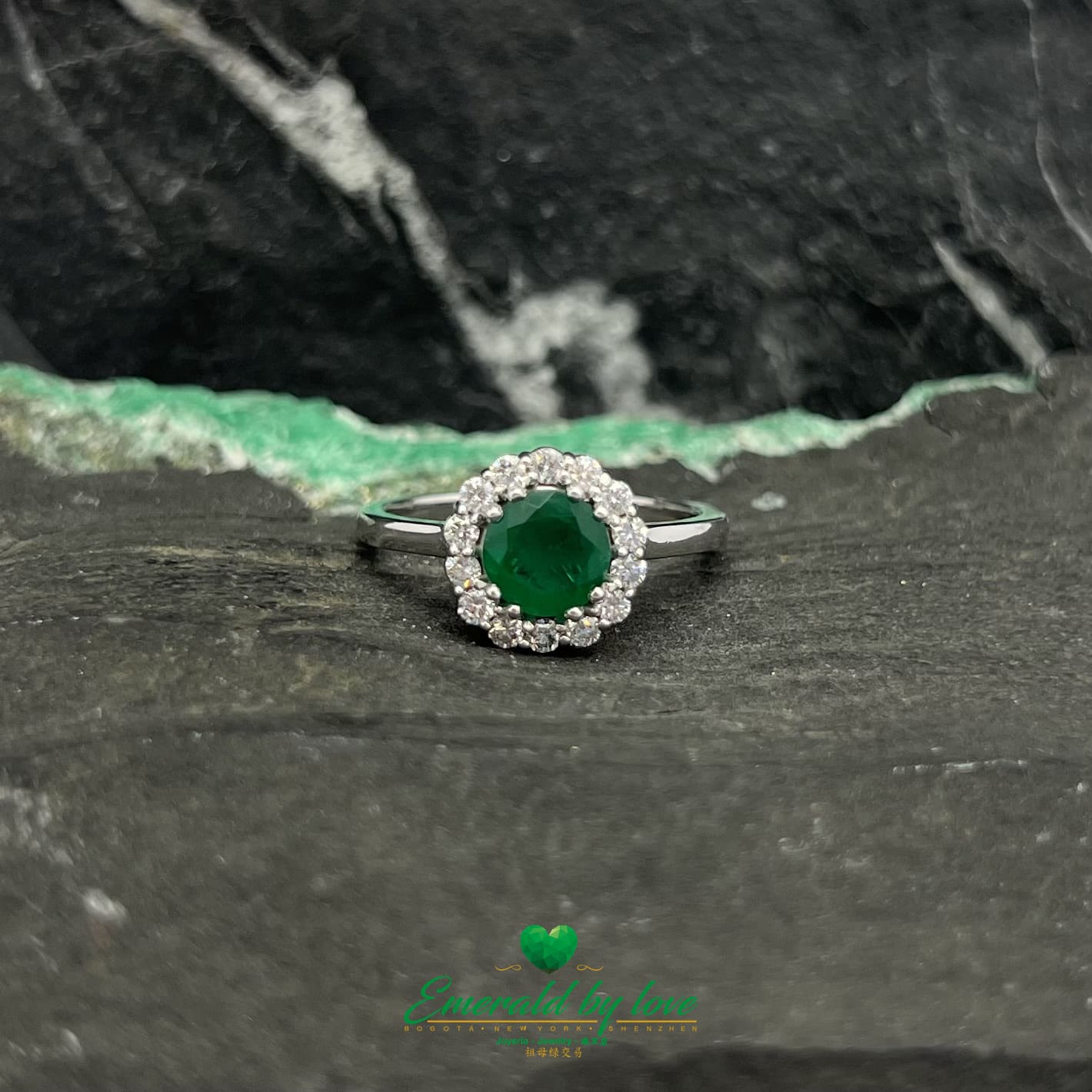 White Gold Marquise Emerald Ring with Round Dark Green Emerald and Diamond Surround