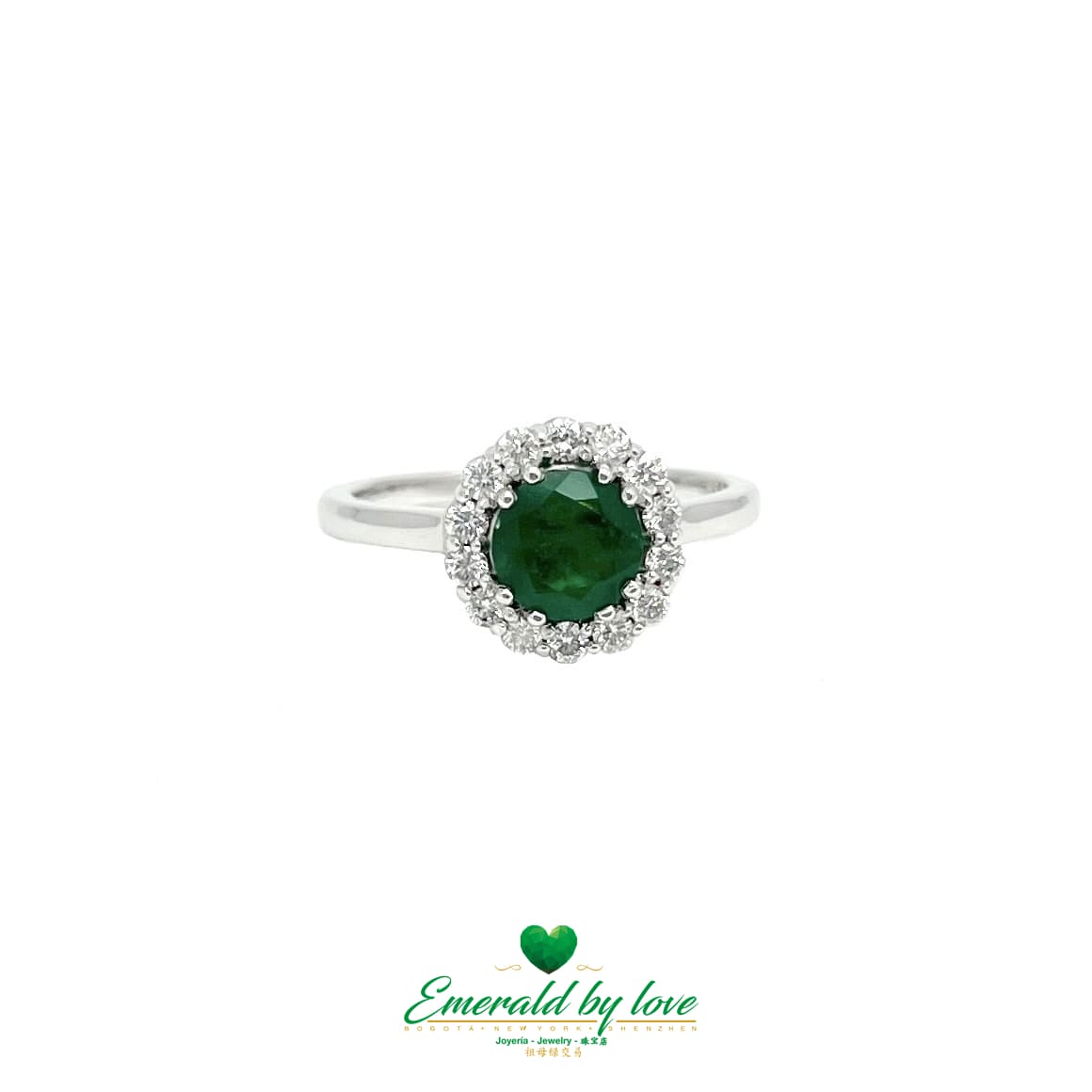 White Gold Marquise Emerald Ring with Round Dark Green Emerald and Diamond Surround