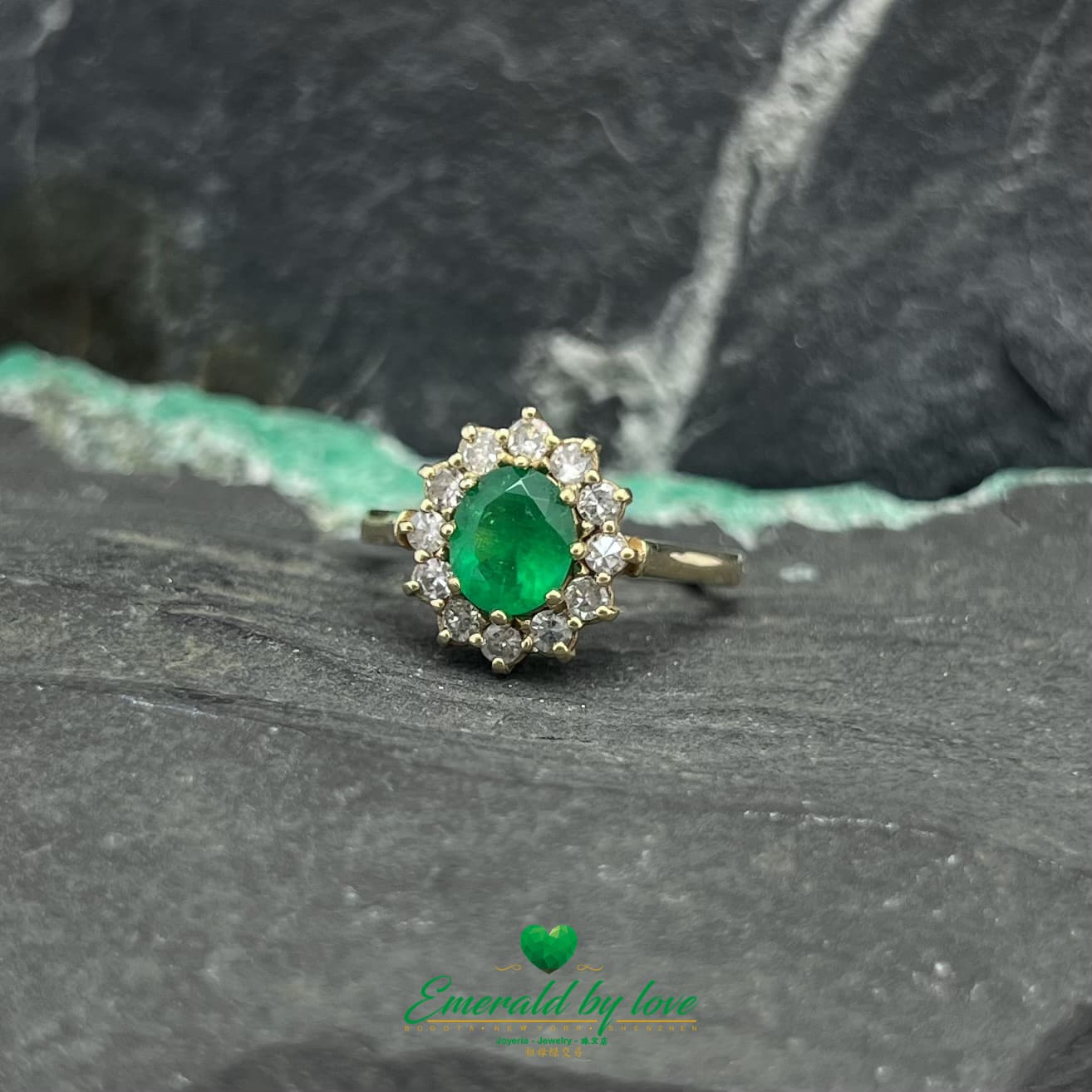 Majestic Blossom: Yellow Gold Marquise Flower Ring with Oval Emerald and Diamond Halo