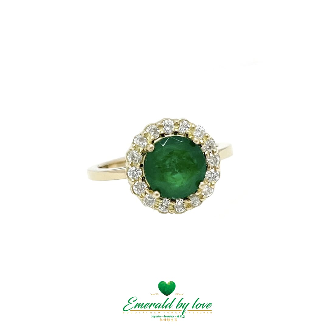 Gold Marquise Ring with Round Emerald Center and Diamond Halo