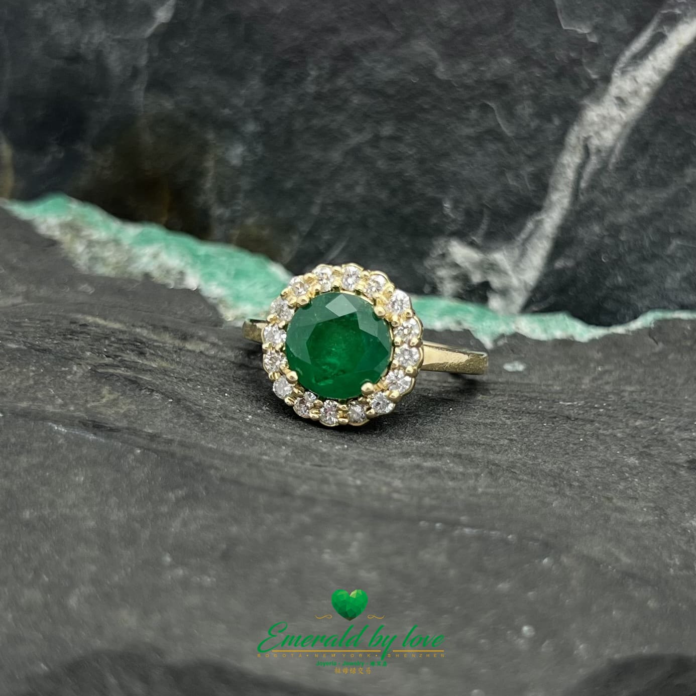 Gold Marquise Ring with Round Emerald Center and Diamond Halo