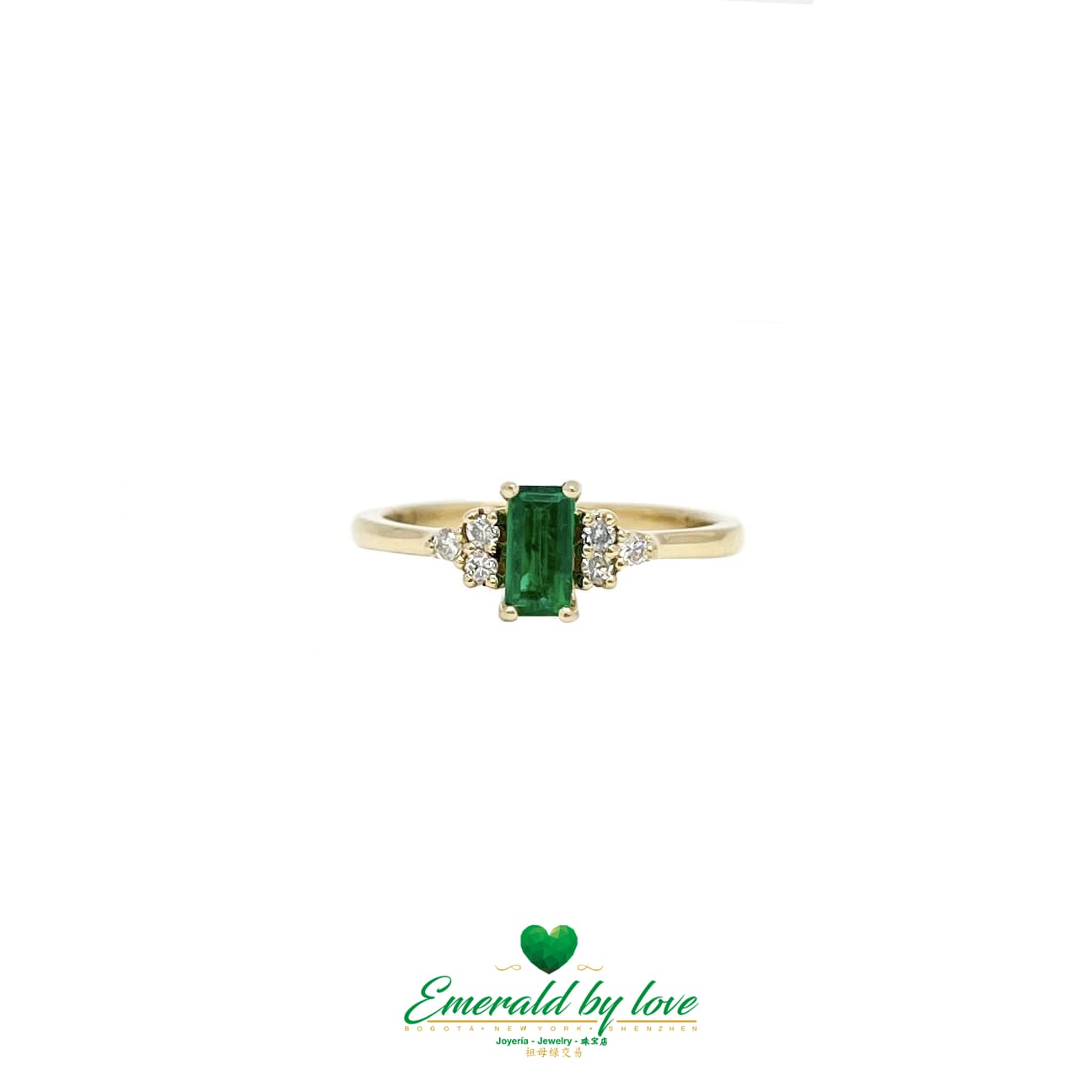 Yellow Gold Ring with Dark Green Baguette Emerald and Three Diamonds on Each Side