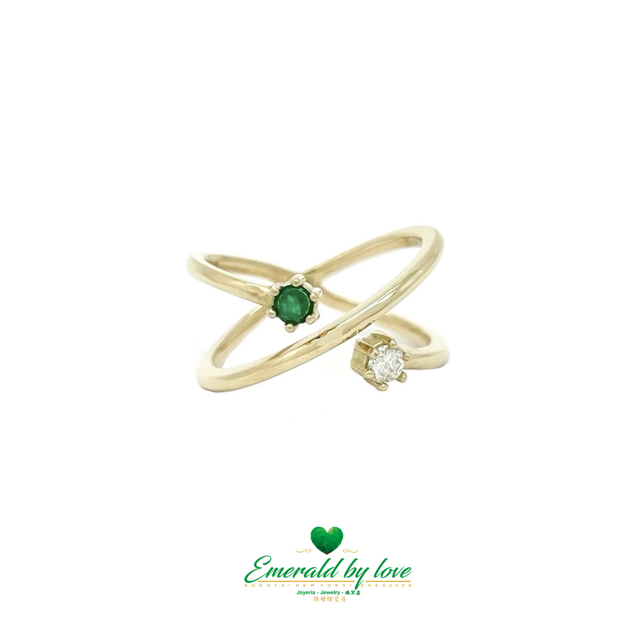 Atomic Elegance: Yellow Gold Ring with Round Emerald and Diamond Atom Design