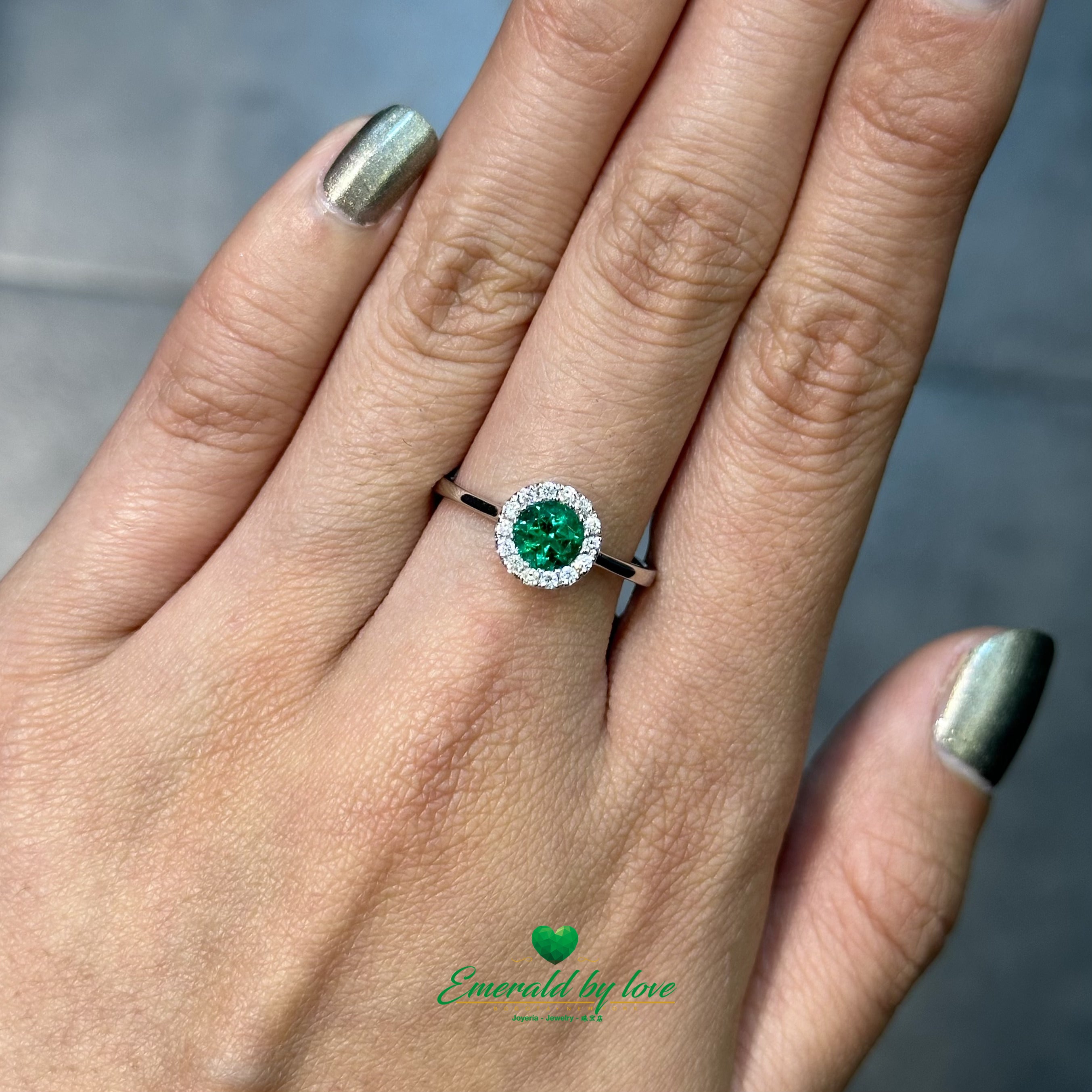White Gold Cluster Ring with Certified Colombian Emerald and Diamond Halo