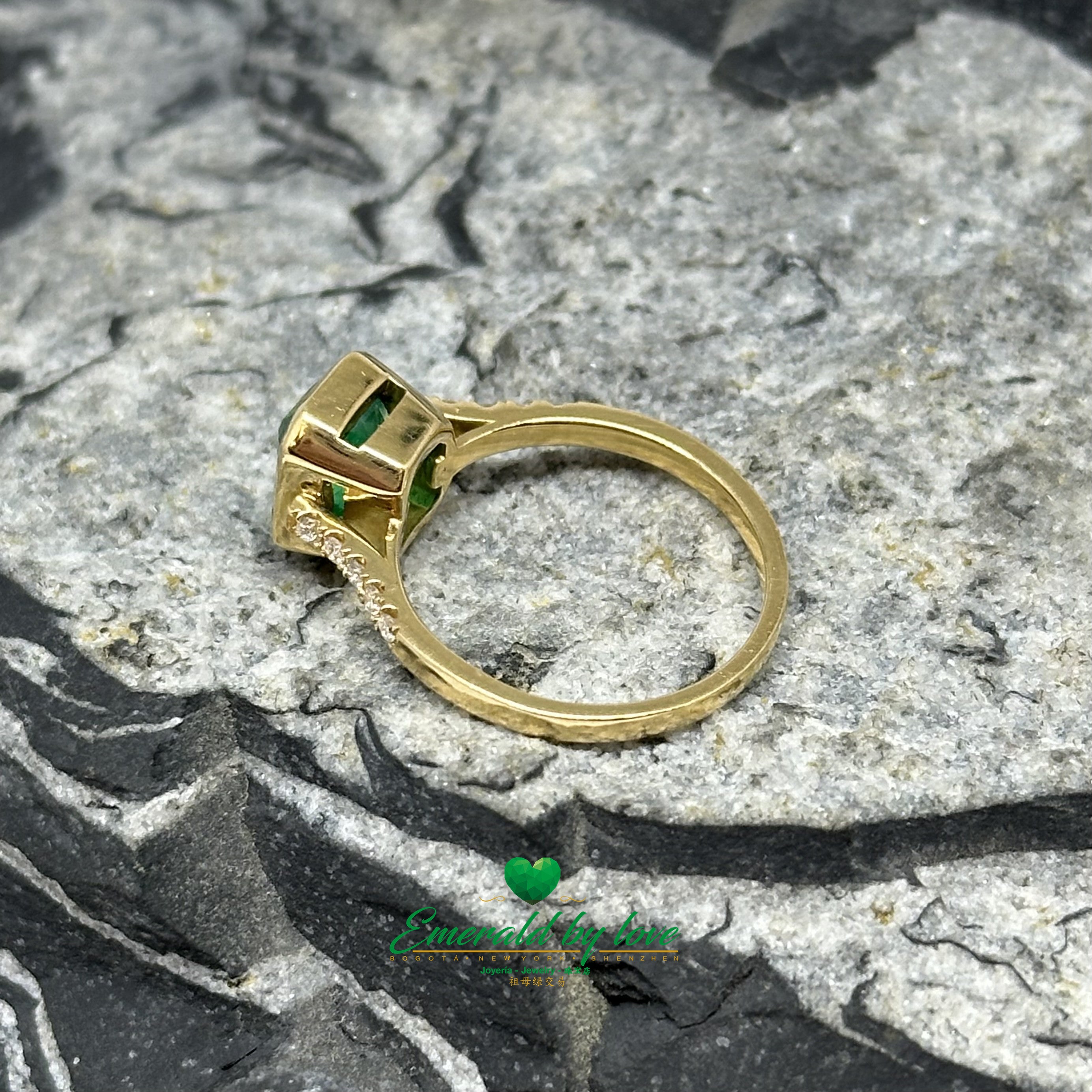 Elegant Bezel-Set Emerald-Cut Emerald Engagement Ring with Diamond Band