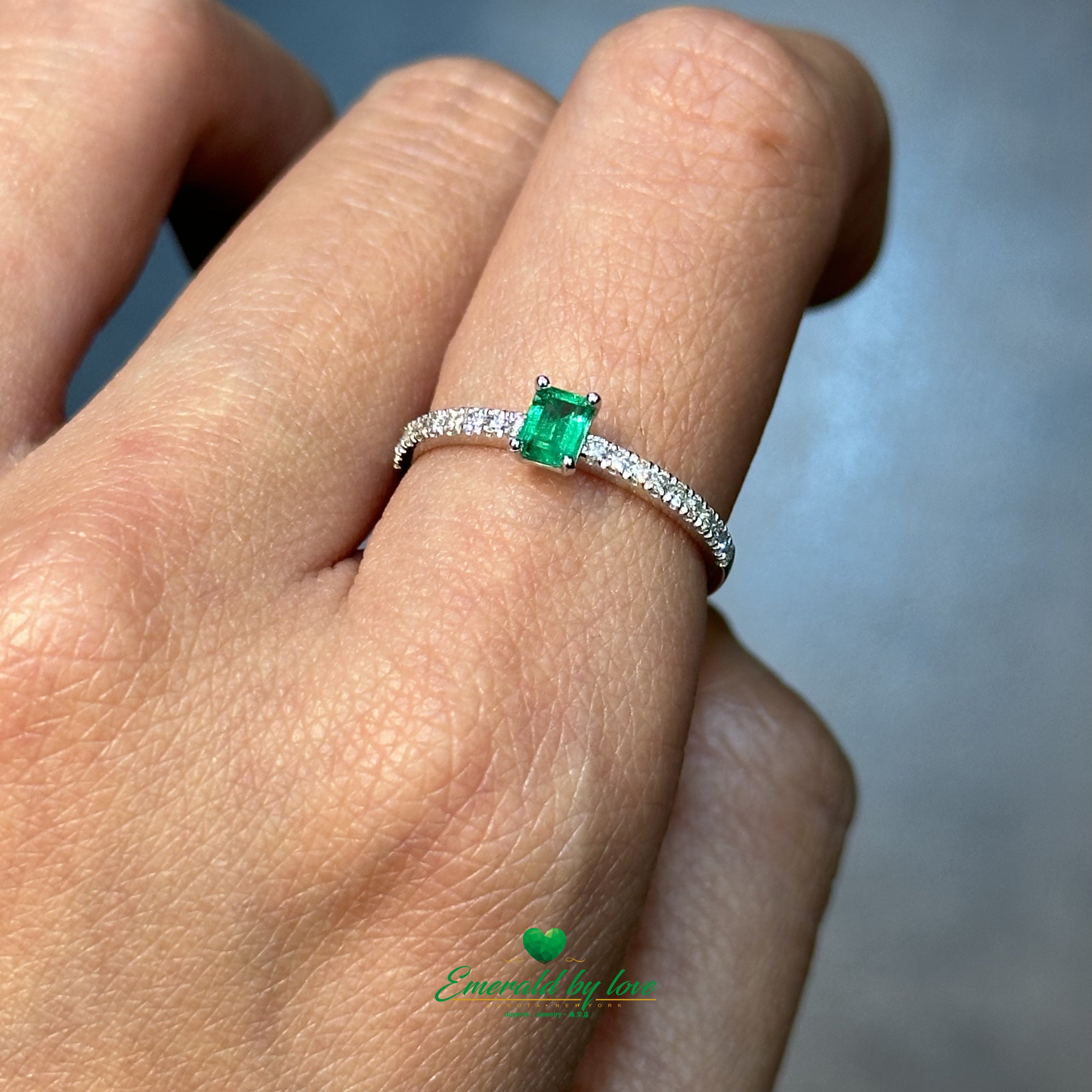 Elegant round-cut Colombian emerald engagement ring featuring a seamless invisible shank design