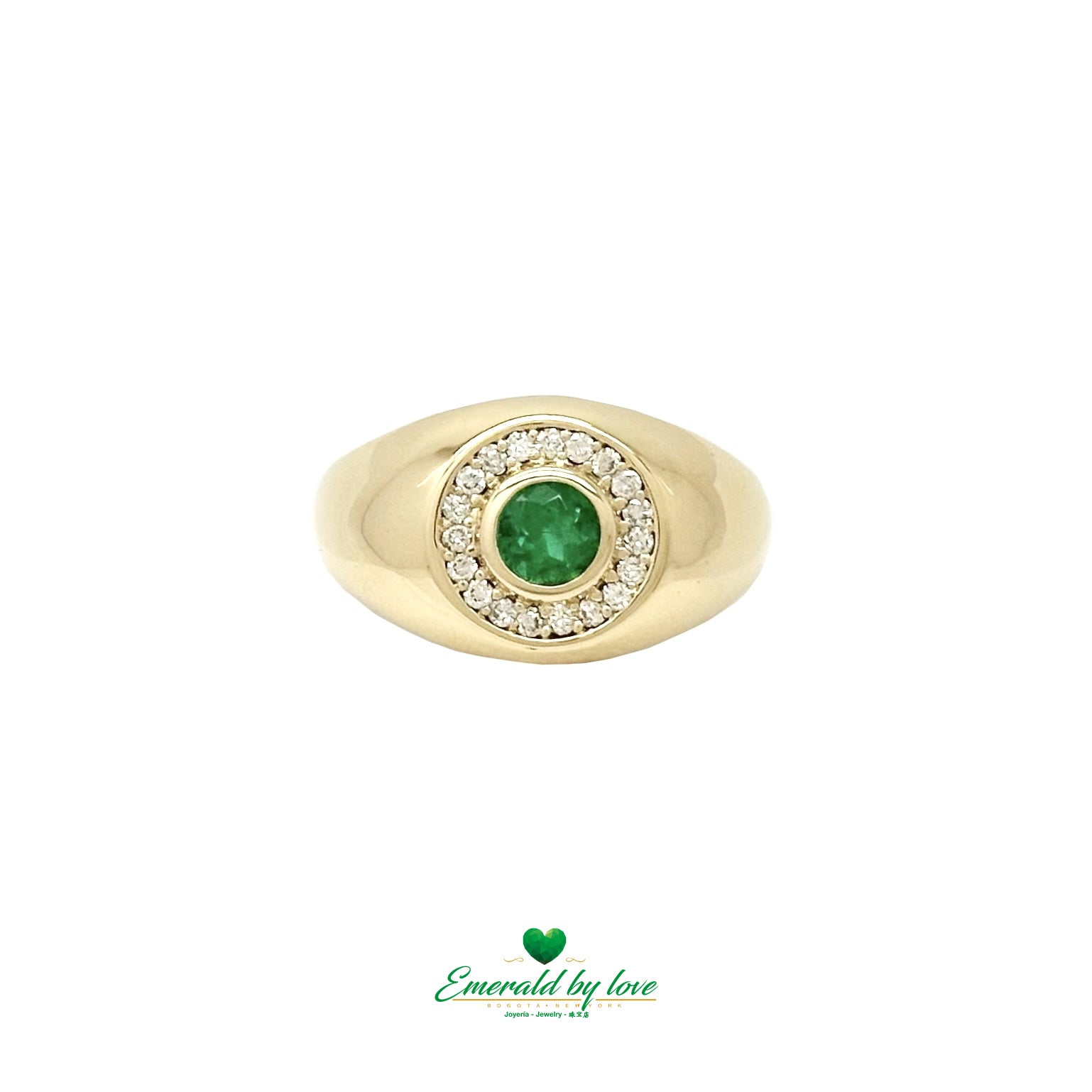 Round Elegance: Gold Ring with Colombian Emerald & Diamonds