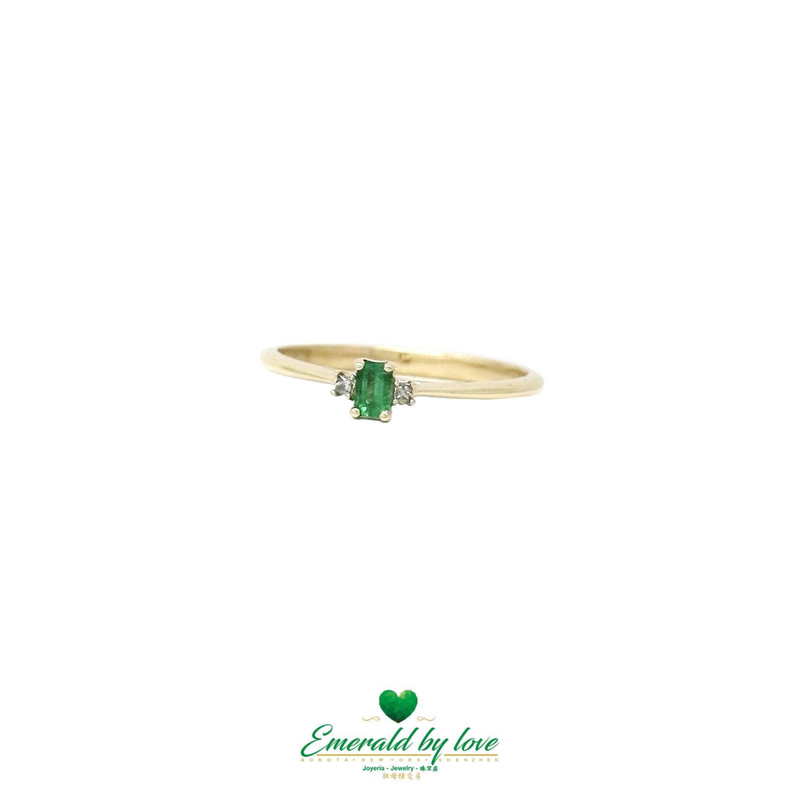 Petite Baguette Emerald and Diamond Ring in 18K Yellow Gold