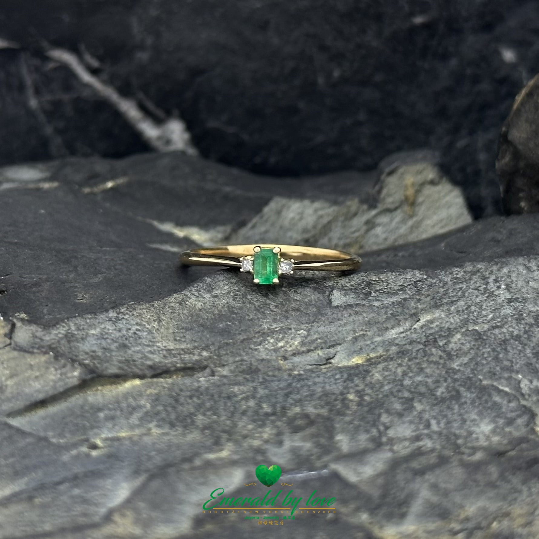 Petite Baguette Emerald and Diamond Ring in 18K Yellow Gold