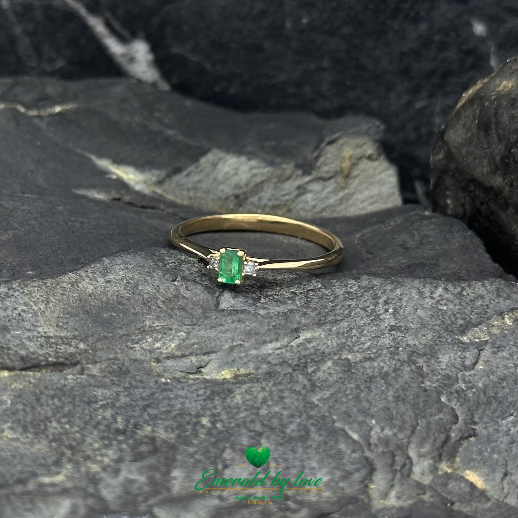 Petite Baguette Emerald and Diamond Ring in 18K Yellow Gold