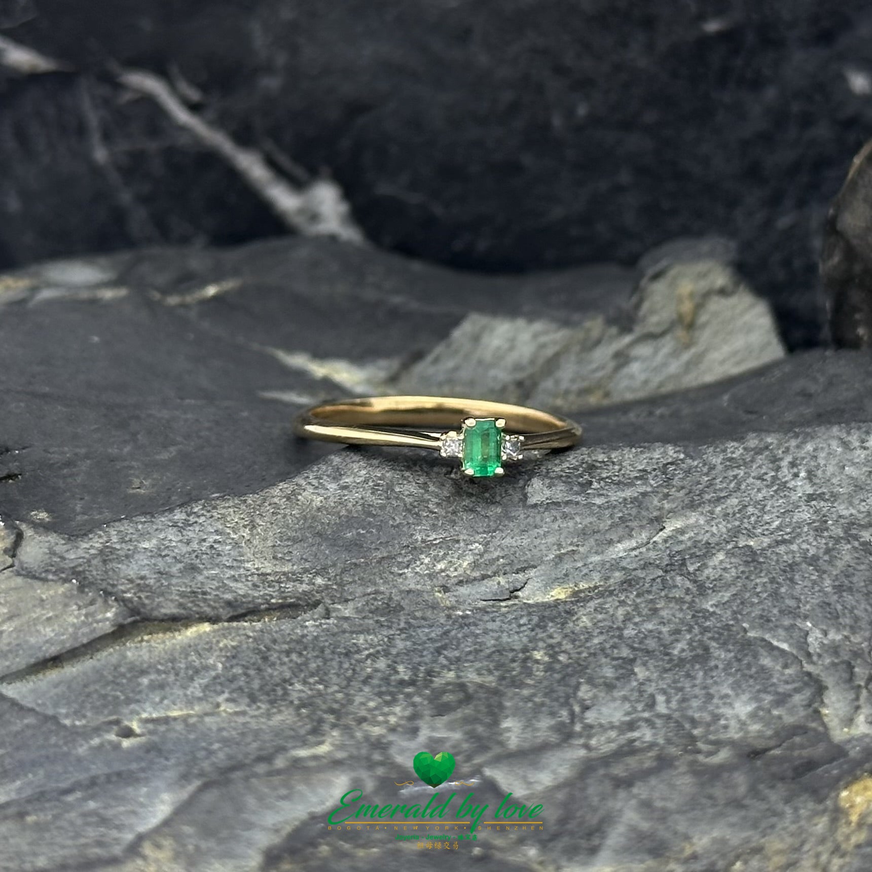 Petite Baguette Emerald and Diamond Ring in 18K Yellow Gold