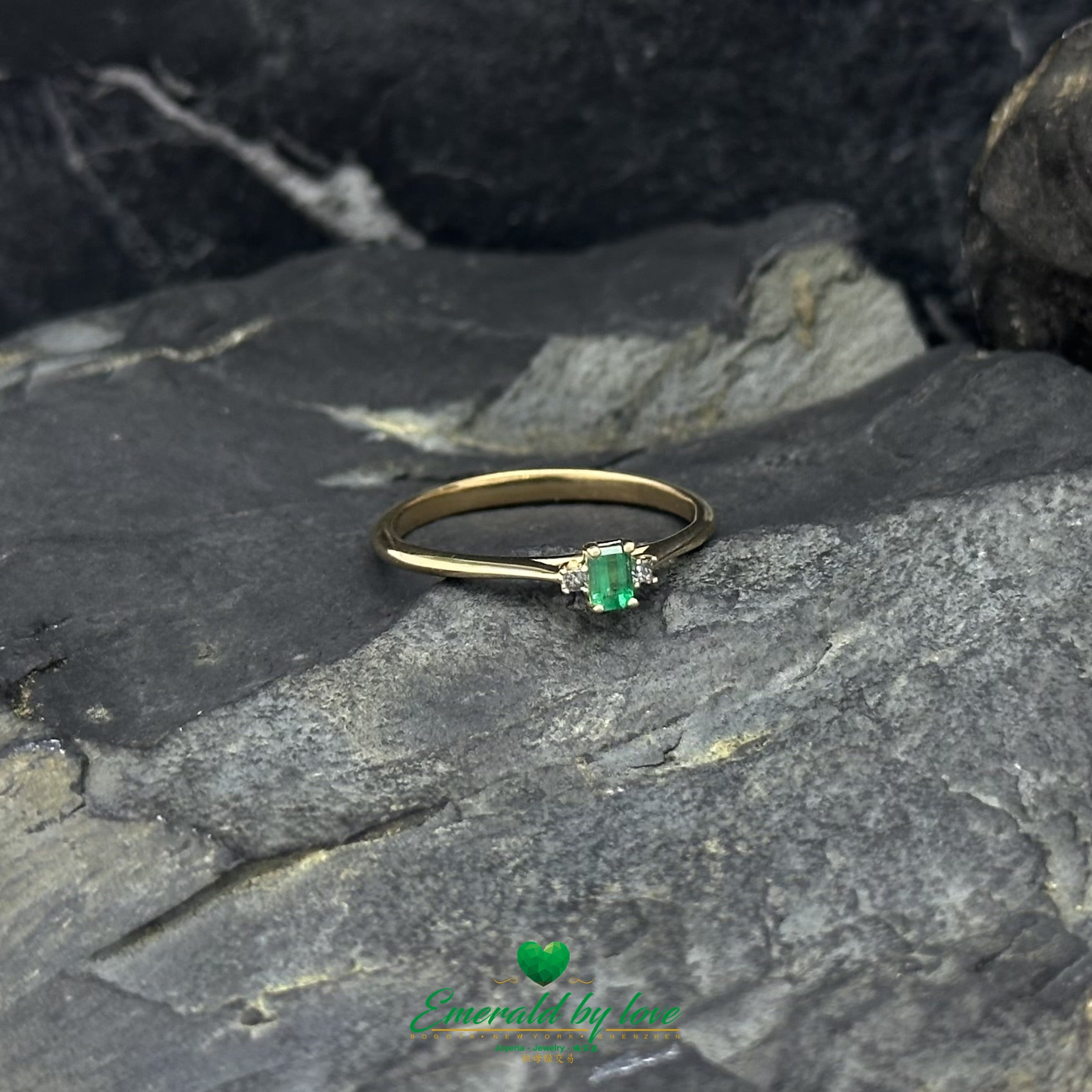 Petite Baguette Emerald and Diamond Ring in 18K Yellow Gold