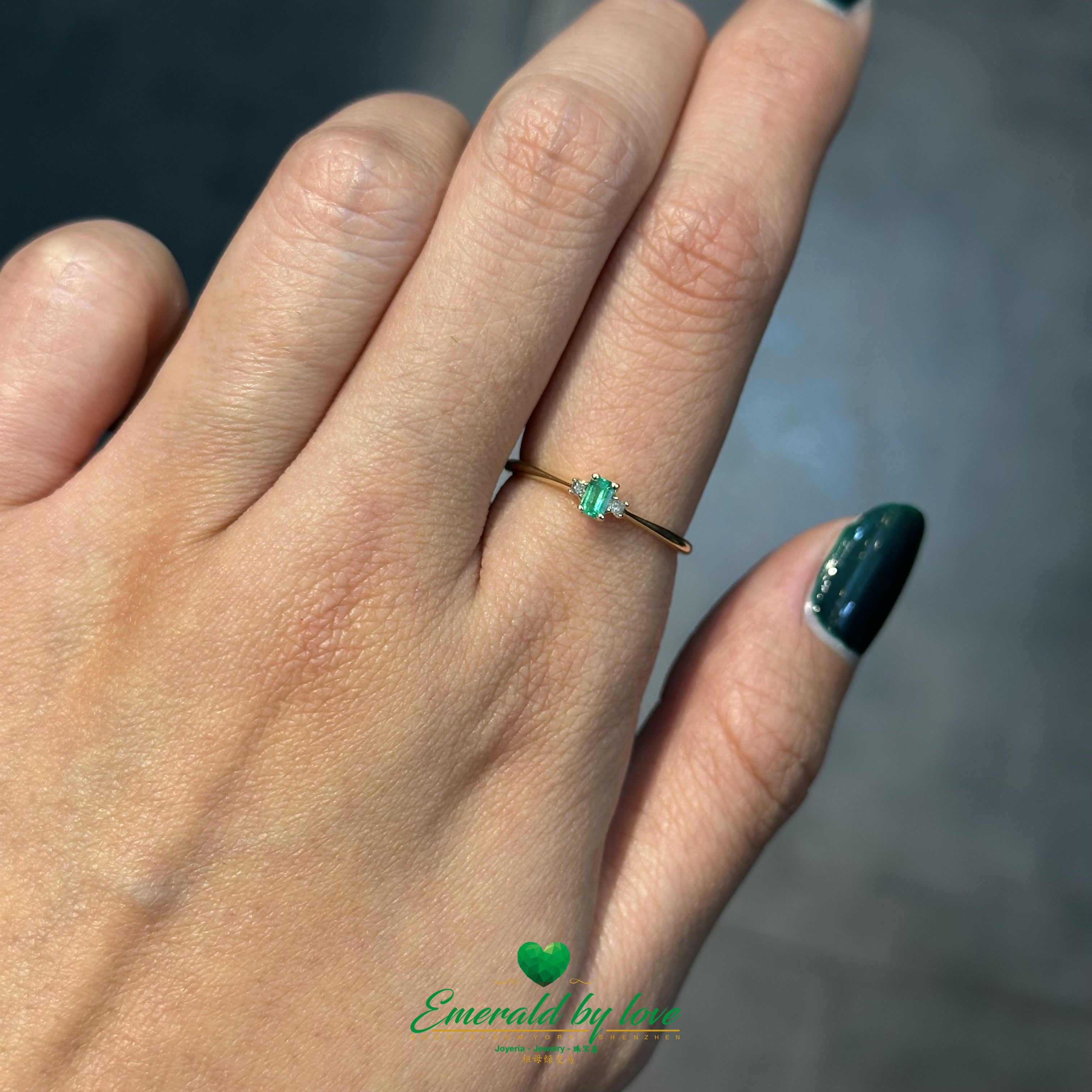 Petite Baguette Emerald and Diamond Ring in 18K Yellow Gold