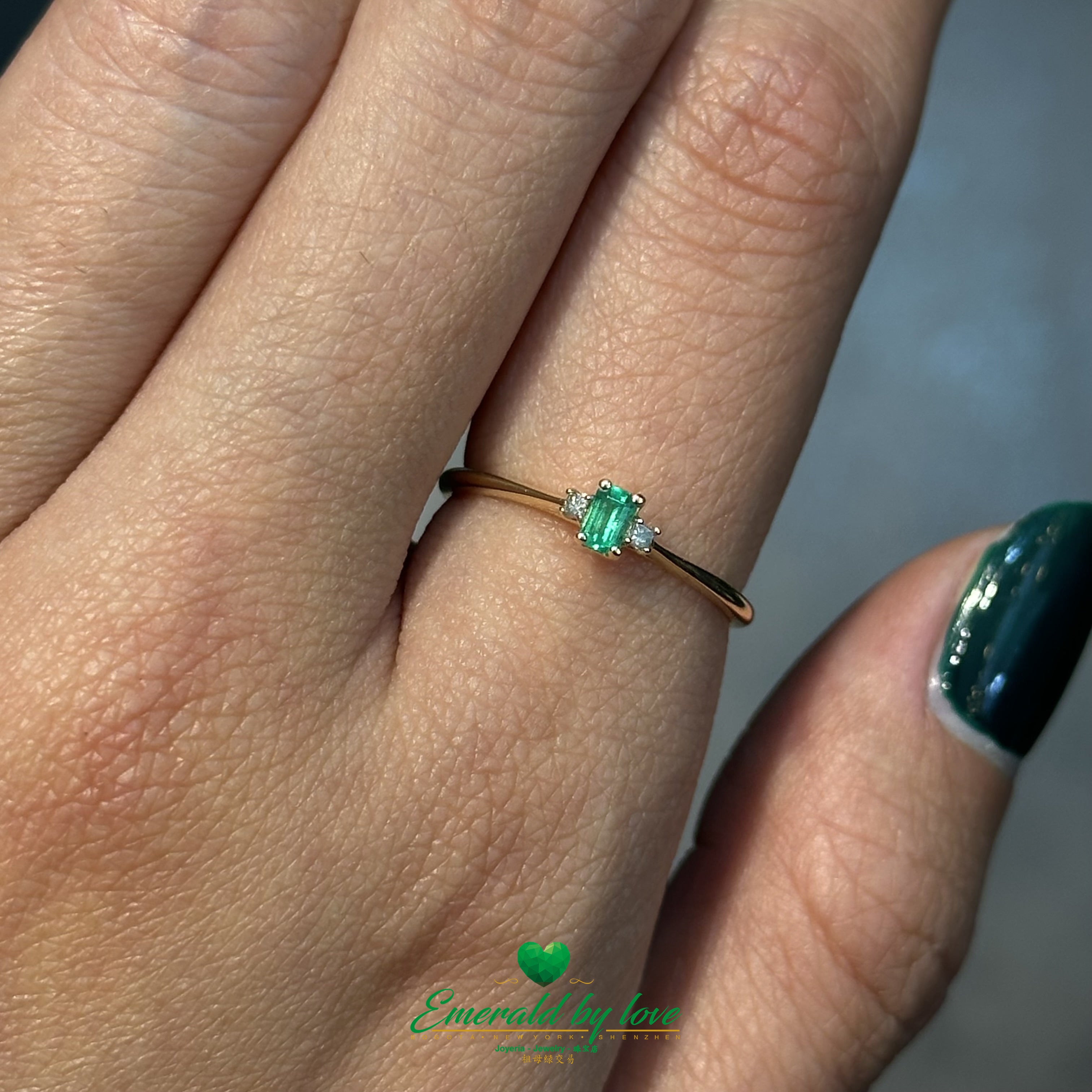 Petite Baguette Emerald and Diamond Ring in 18K Yellow Gold