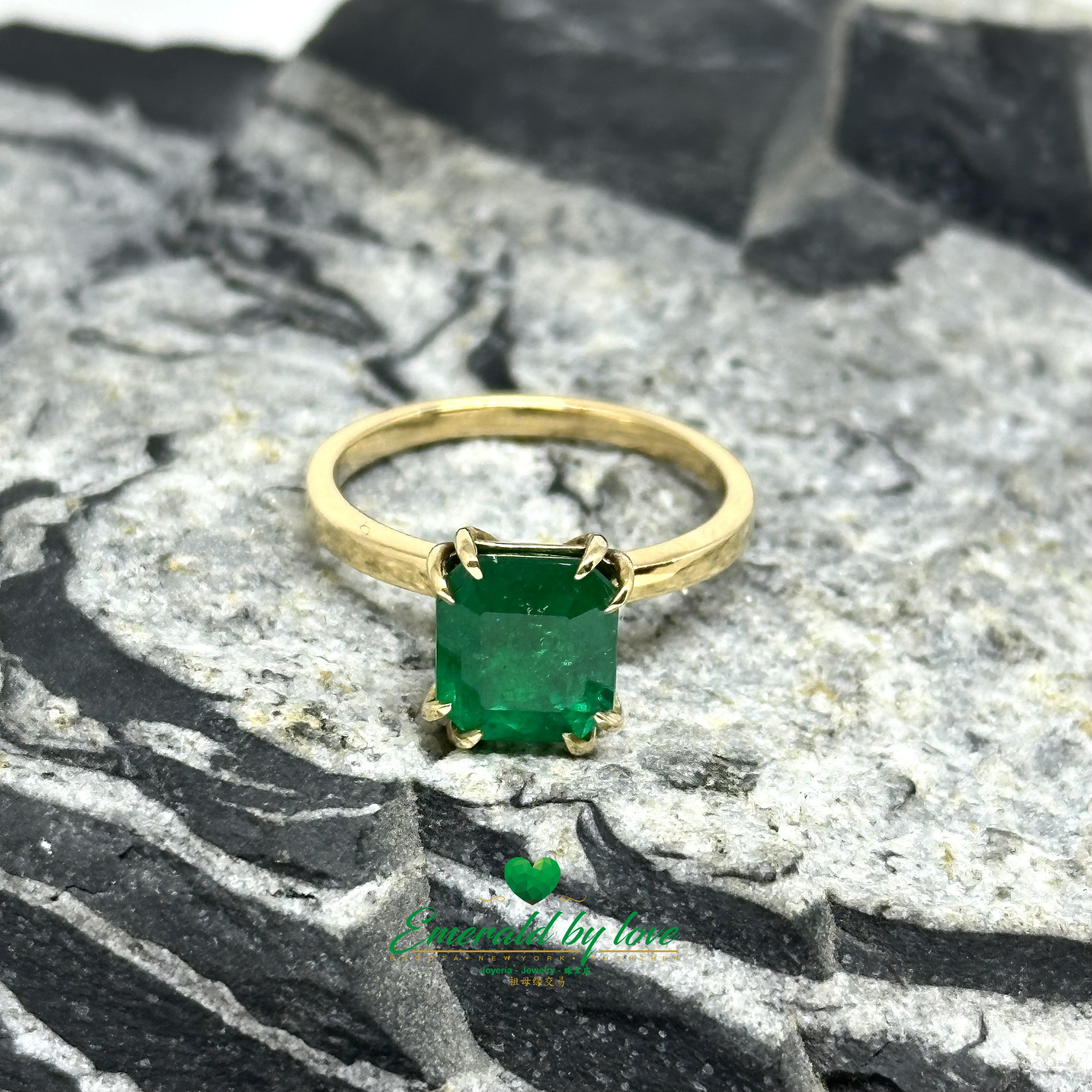Solitaire Engagement Ring with Emerald-Cut Colombian Emerald and Double Prong Setting