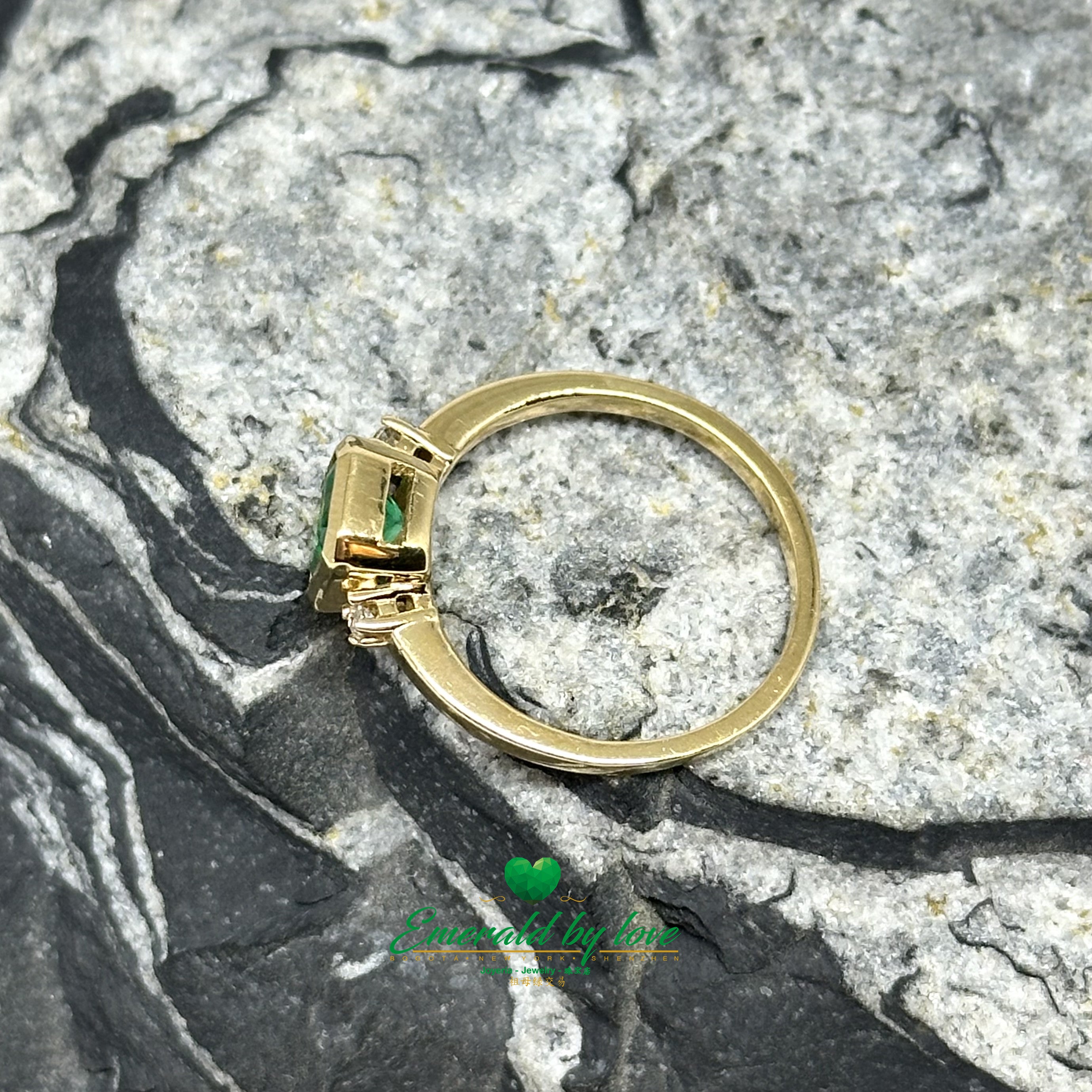 18K Yellow Gold Bezel-Set Square Emerald Ring with Side Diamonds