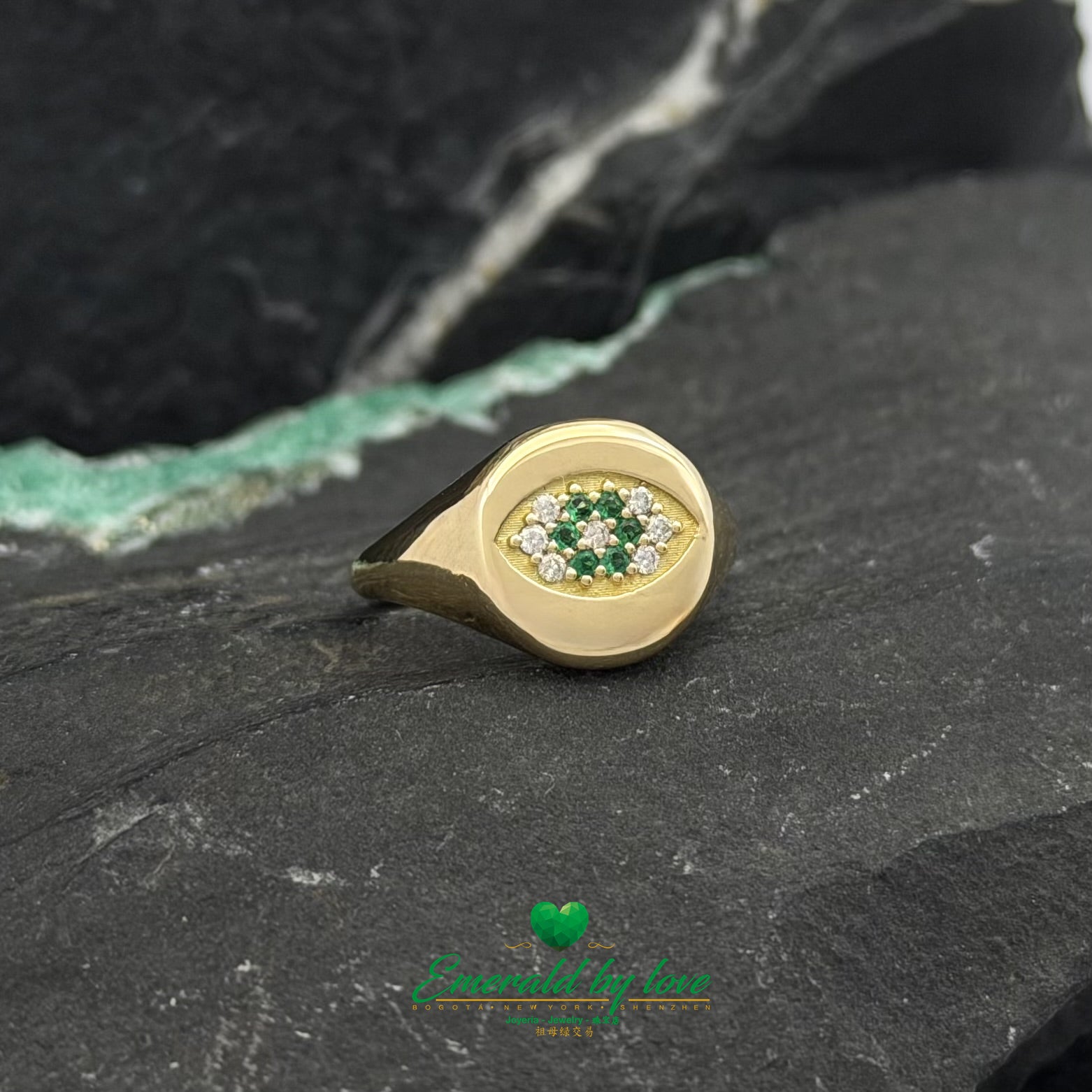 Yellow Gold Pinky Ring with Emeralds & Diamonds