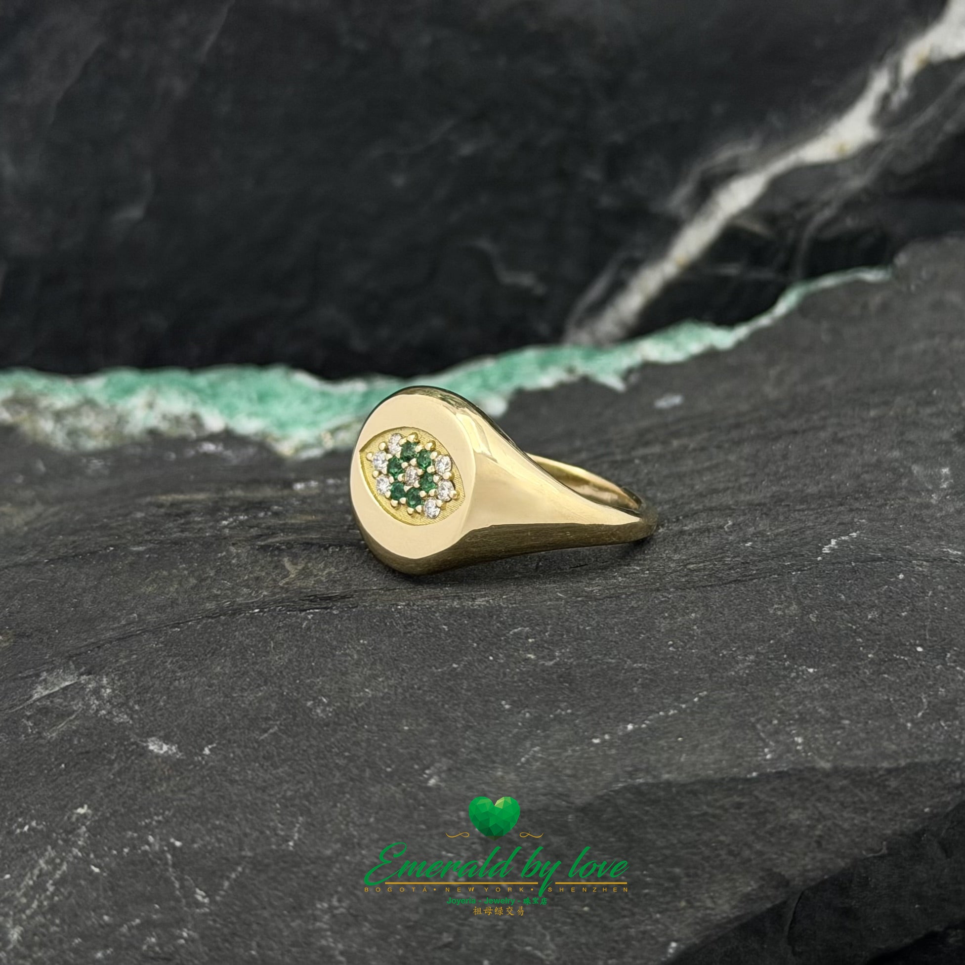 Yellow Gold Pinky Ring with Emeralds & Diamonds
