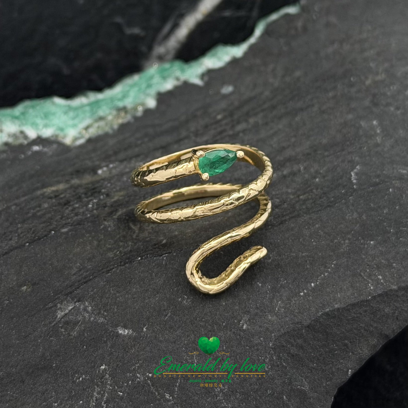Yellow Gold Snake Wrap Ring with Pear Emerald