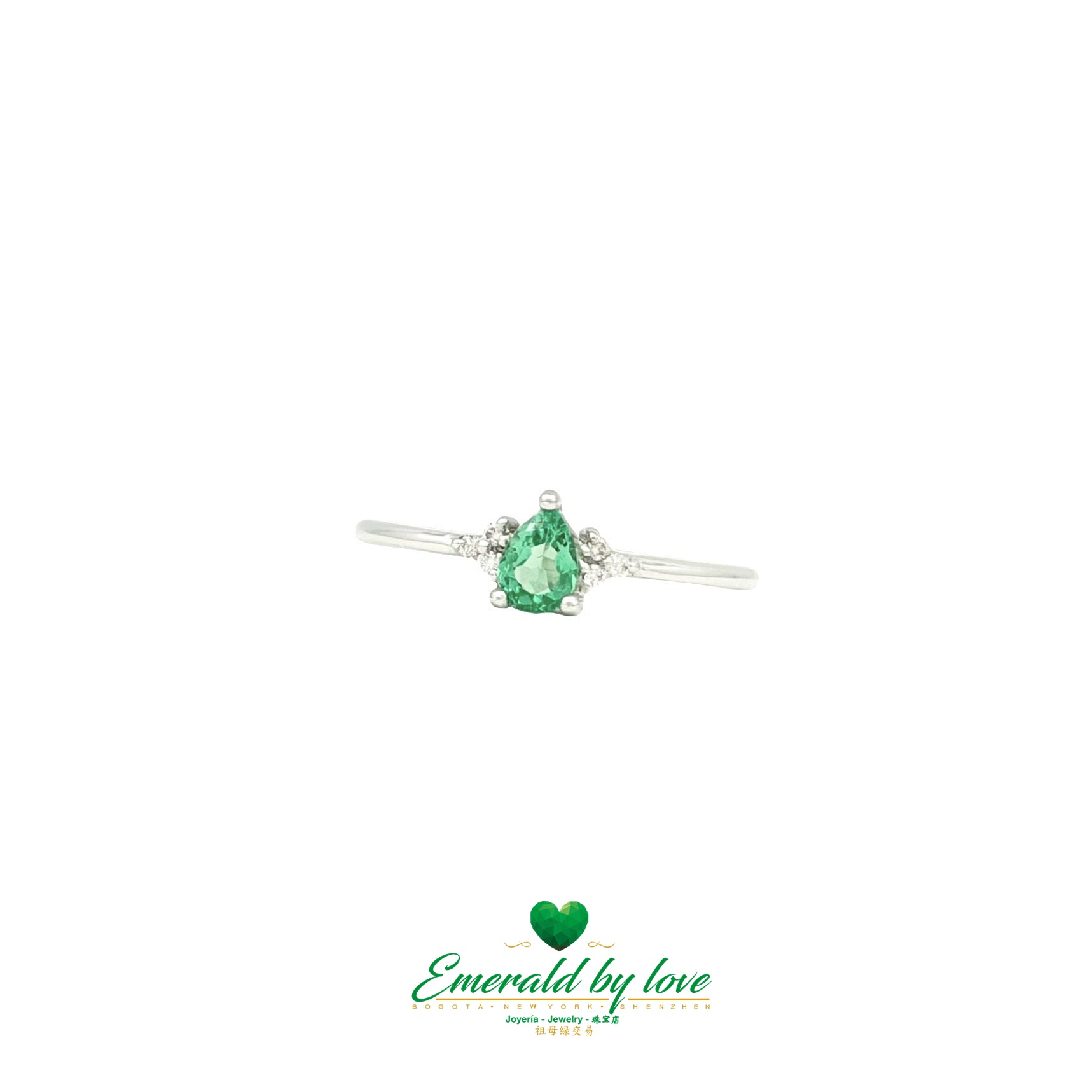 White Gold Pear Emerald Ring with Diamond Accents